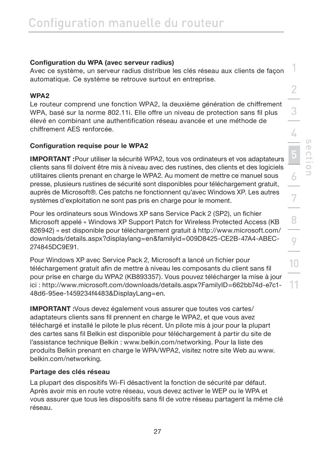 Belkin F5D7632EA4A Configuration du WPA avec serveur radius, Configuration requise pour le WPA2, Partage des clés réseau 