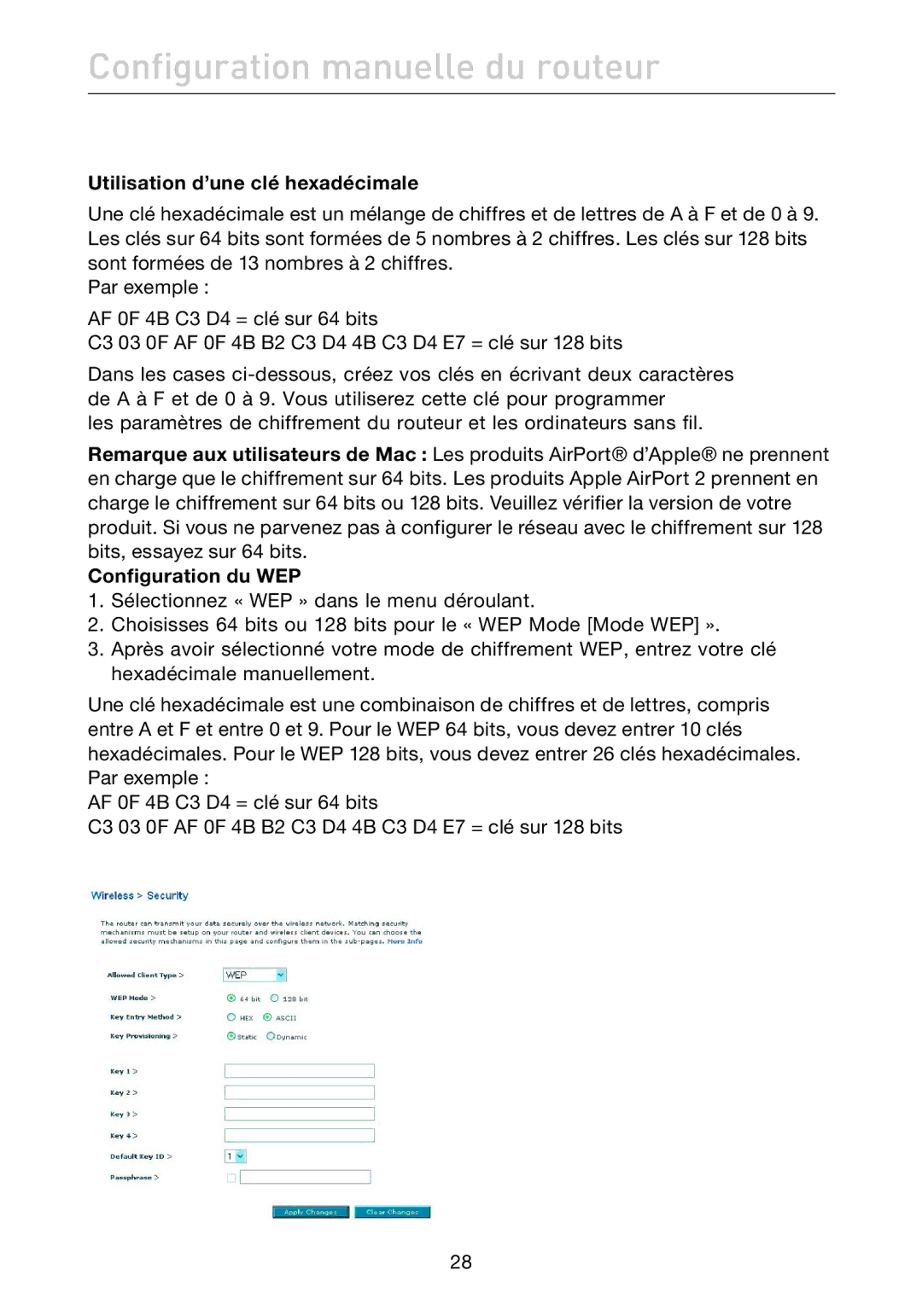 Belkin F5D7632EA4A user manual Utilisation d’une clé hexadécimale 