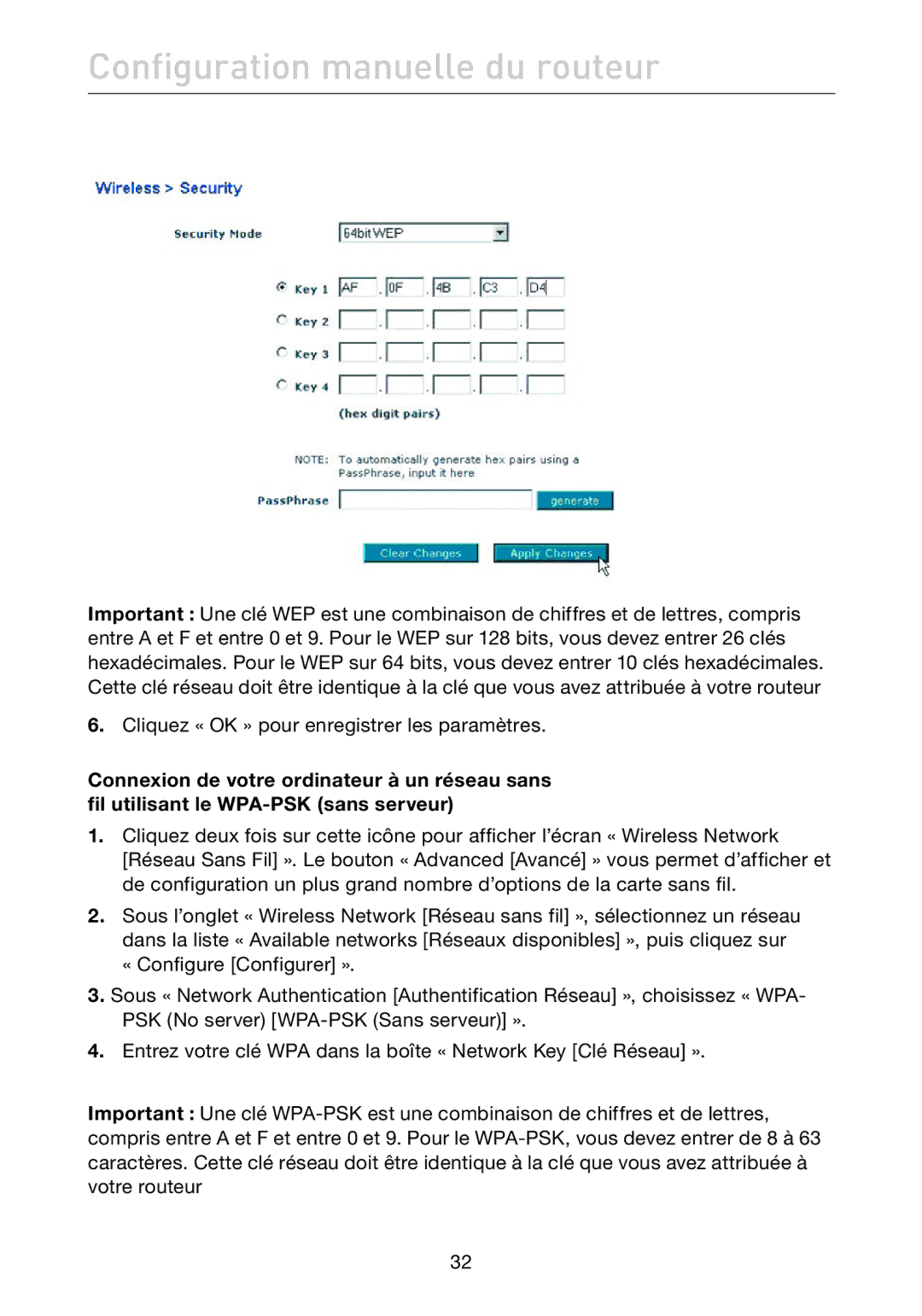 Belkin F5D7632EA4A user manual Configuration manuelle du routeur 