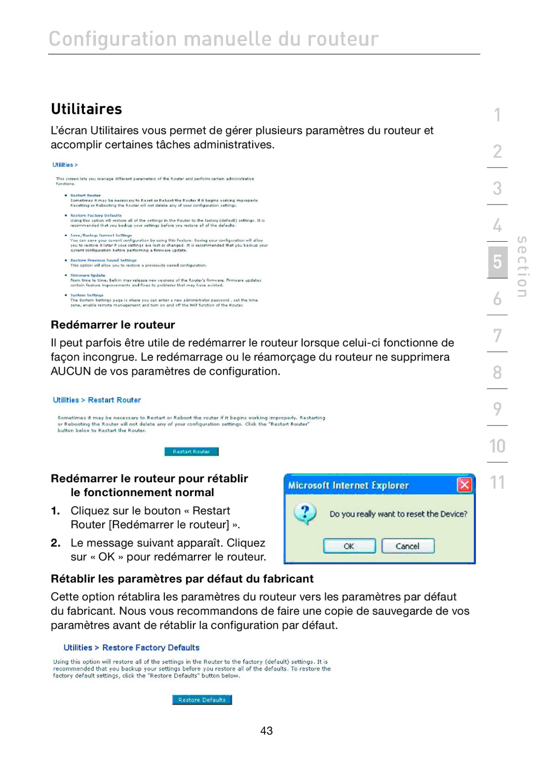 Belkin F5D7632EA4A user manual Utilitaires, Redémarrer le routeur, Rétablir les paramètres par défaut du fabricant 