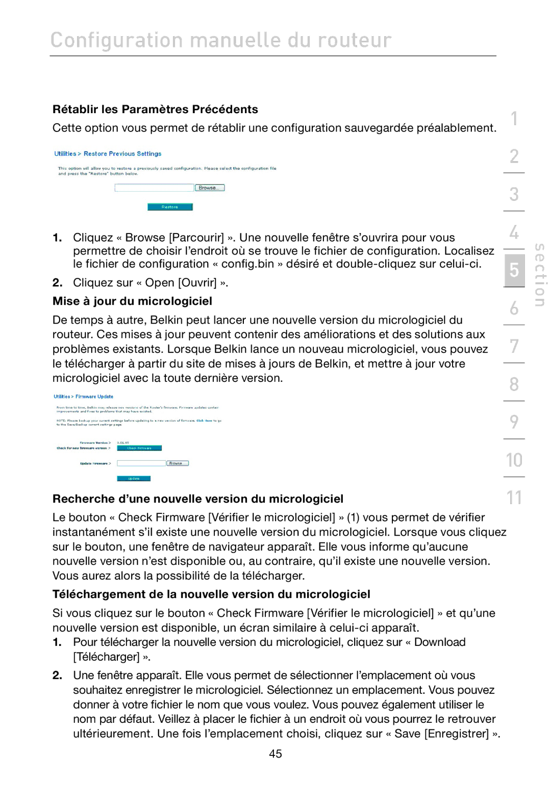 Belkin F5D7632EA4A user manual Rétablir les Paramètres Précédents, Mise à jour du micrologiciel 