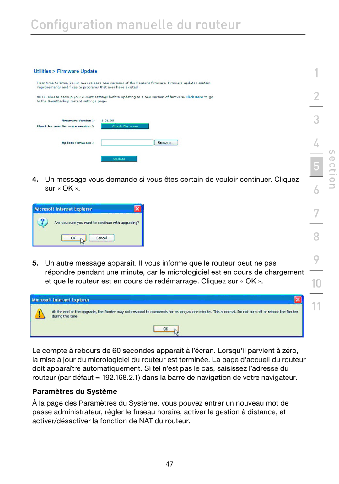 Belkin F5D7632EA4A user manual Paramètres du Système 