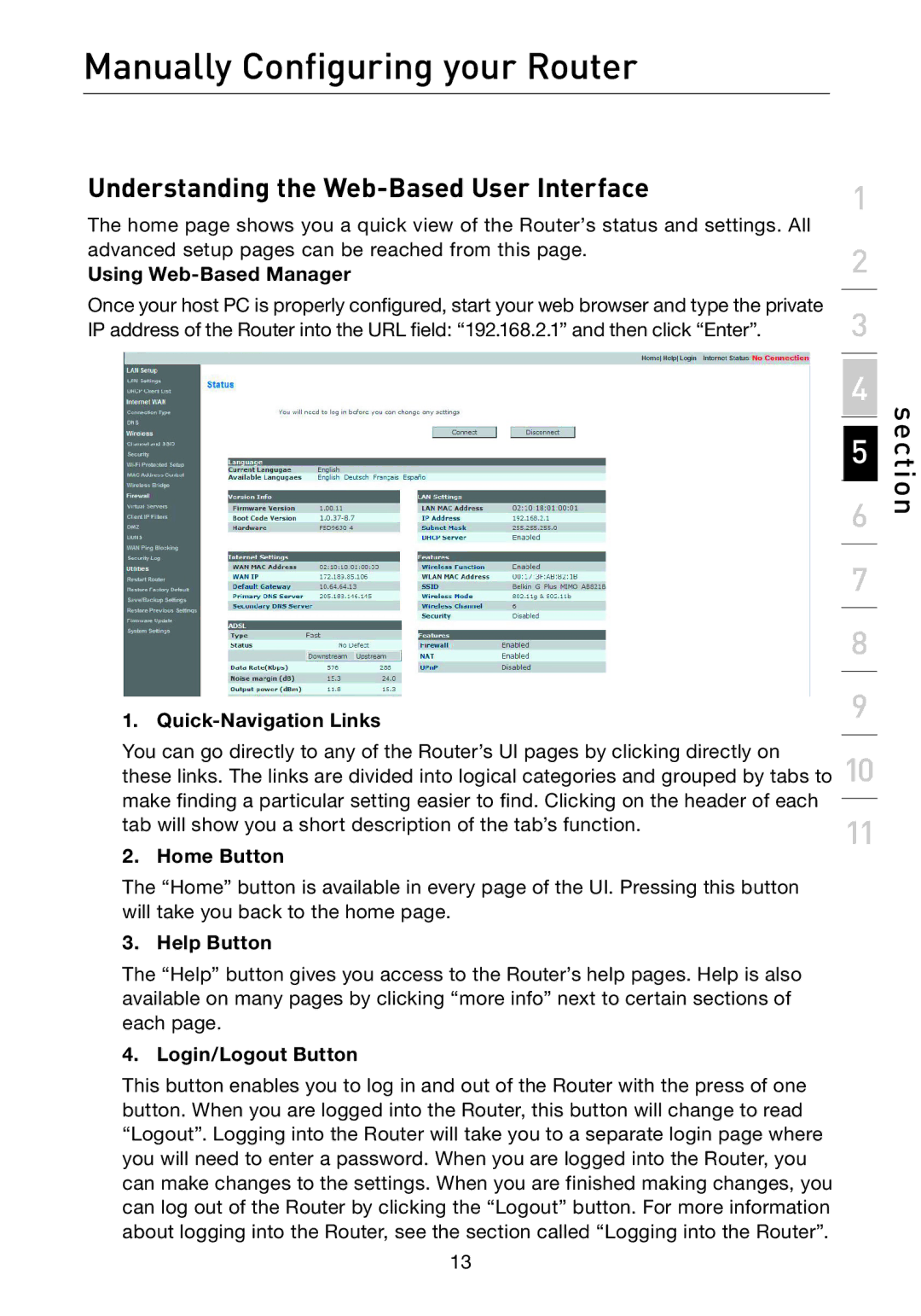 Belkin F5D7632EA4A user manual Manually Configuring your Router, Understanding the Web-Based User Interface 