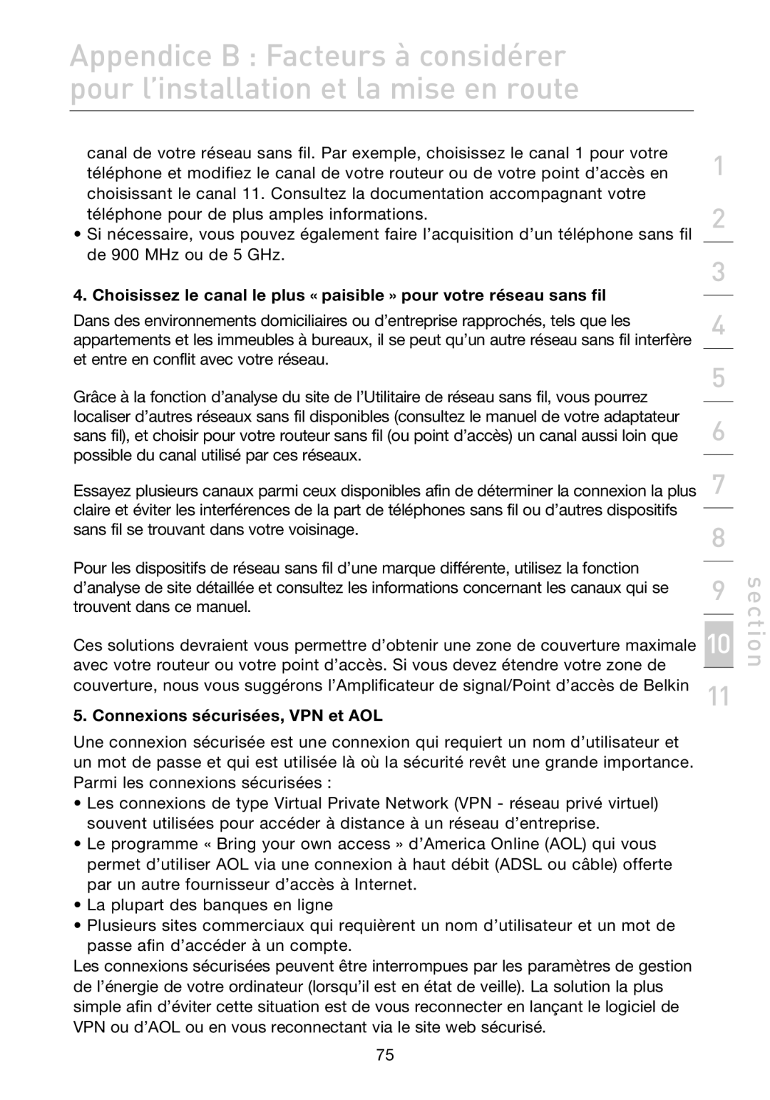 Belkin F5D7632EA4A user manual Connexions sécurisées, VPN et AOL 