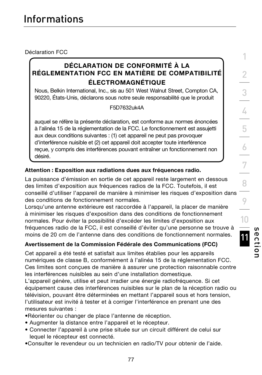 Belkin F5D7632EA4A user manual Informations, Électromagnétique 