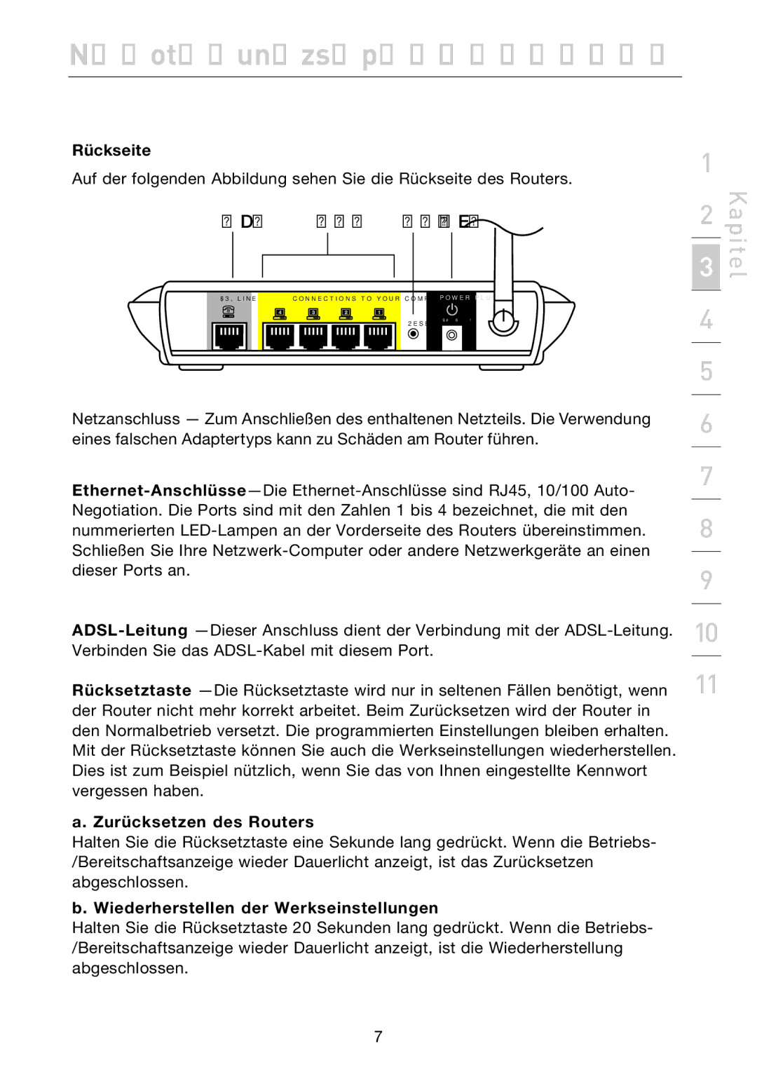 Belkin F5D7632EA4A user manual Rückseite, Zurücksetzen des Routers, Wiederherstellen der Werkseinstellungen 