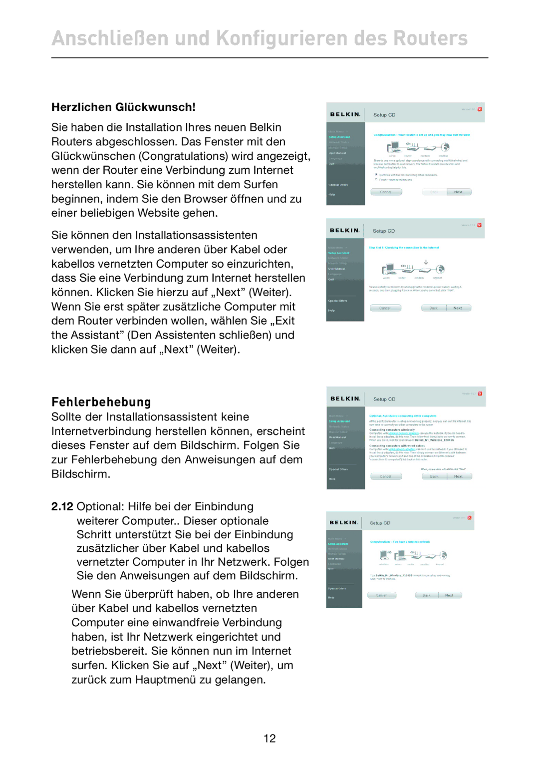 Belkin F5D7632EA4A user manual Fehlerbehebung, Herzlichen Glückwunsch 