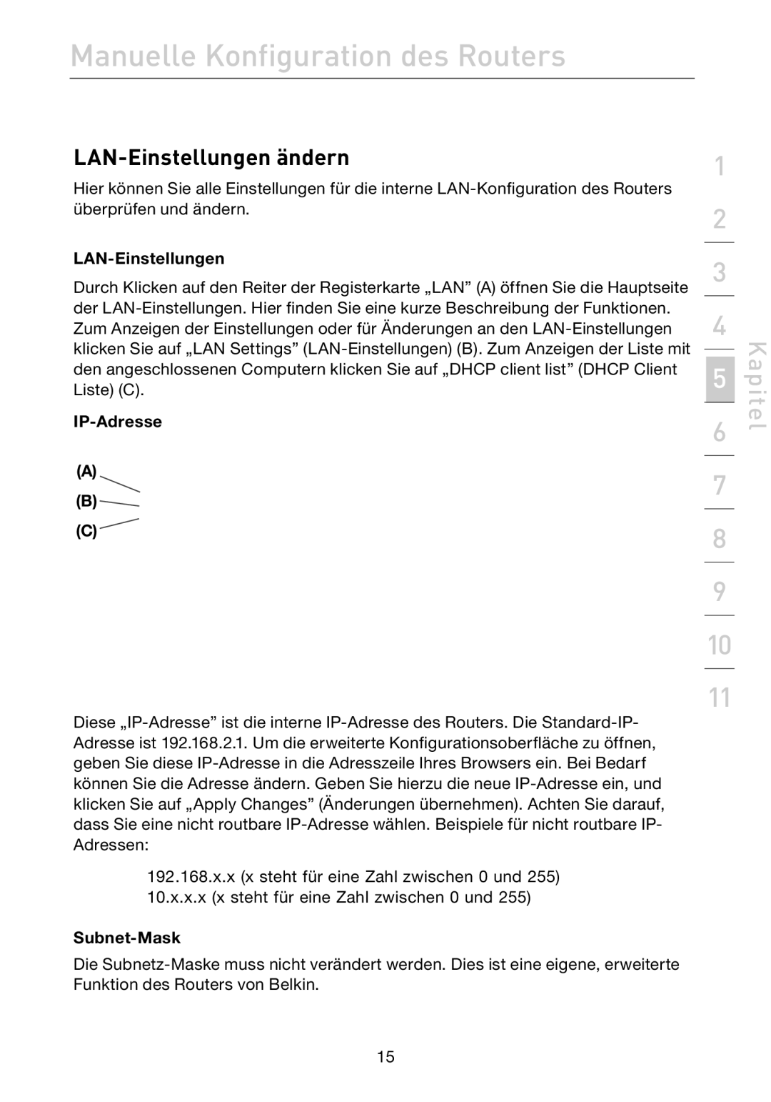 Belkin F5D7632EA4A user manual LAN-Einstellungen ändern, IP-Adresse, Subnet-Mask 