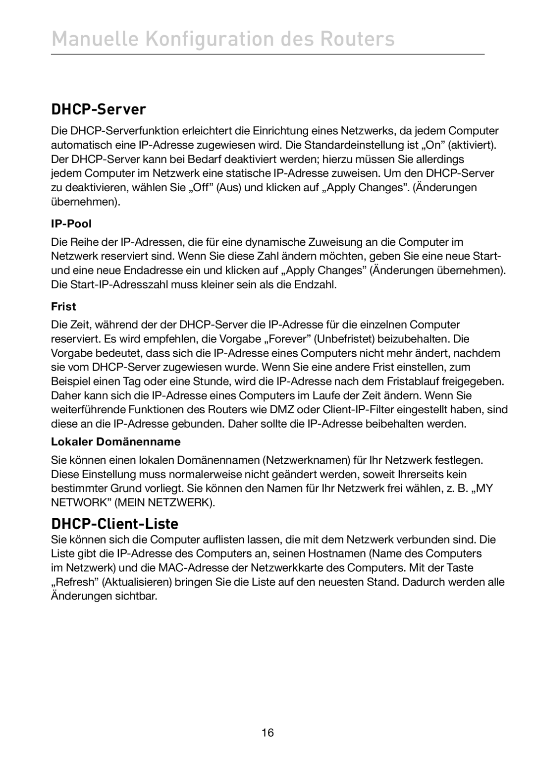 Belkin F5D7632EA4A user manual DHCP-Server, DHCP-Client-Liste, IP-Pool, Frist, Lokaler Domänenname 