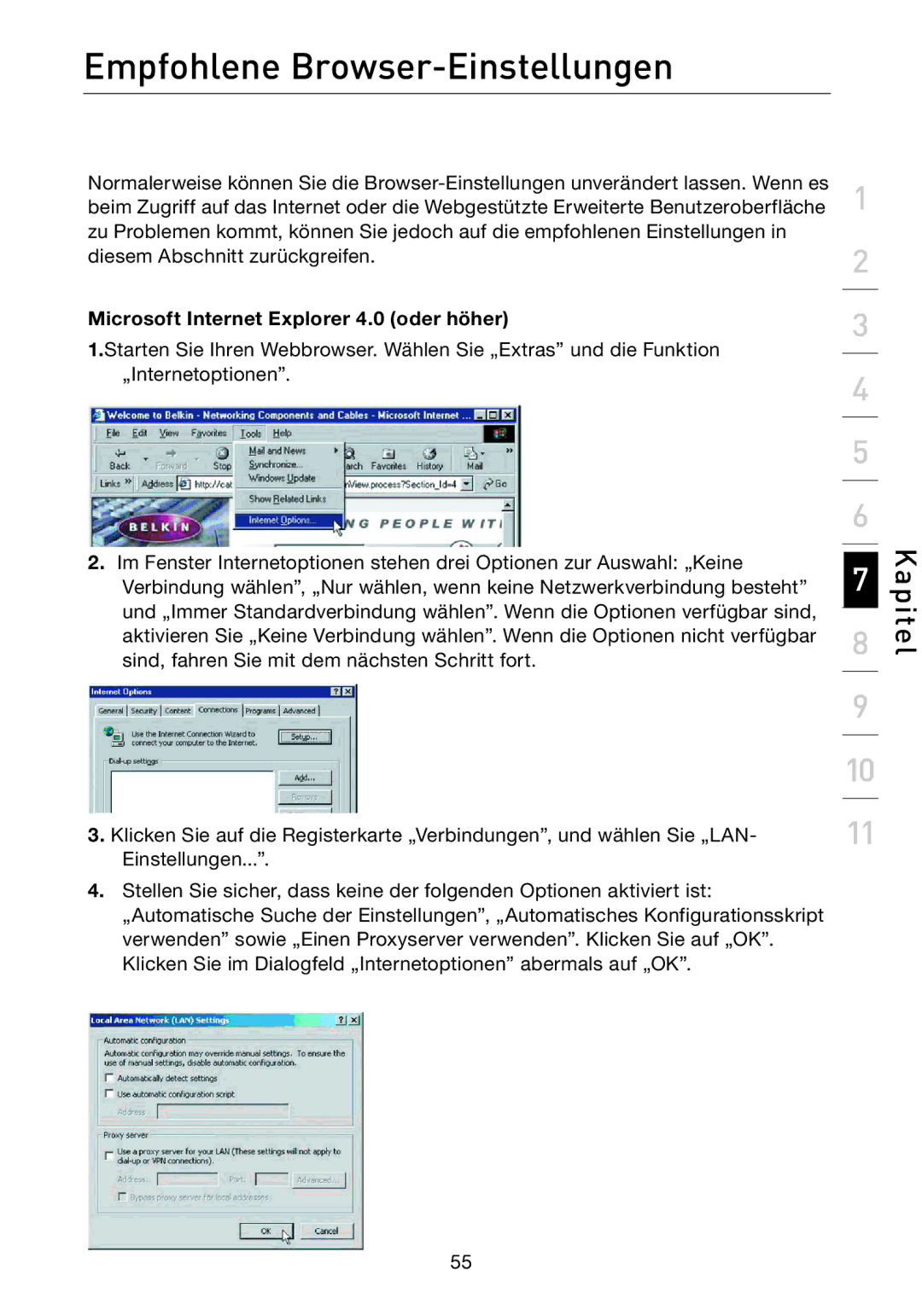 Belkin F5D7632EA4A user manual Empfohlene Browser-Einstellungen, Microsoft Internet Explorer 4.0 oder höher 