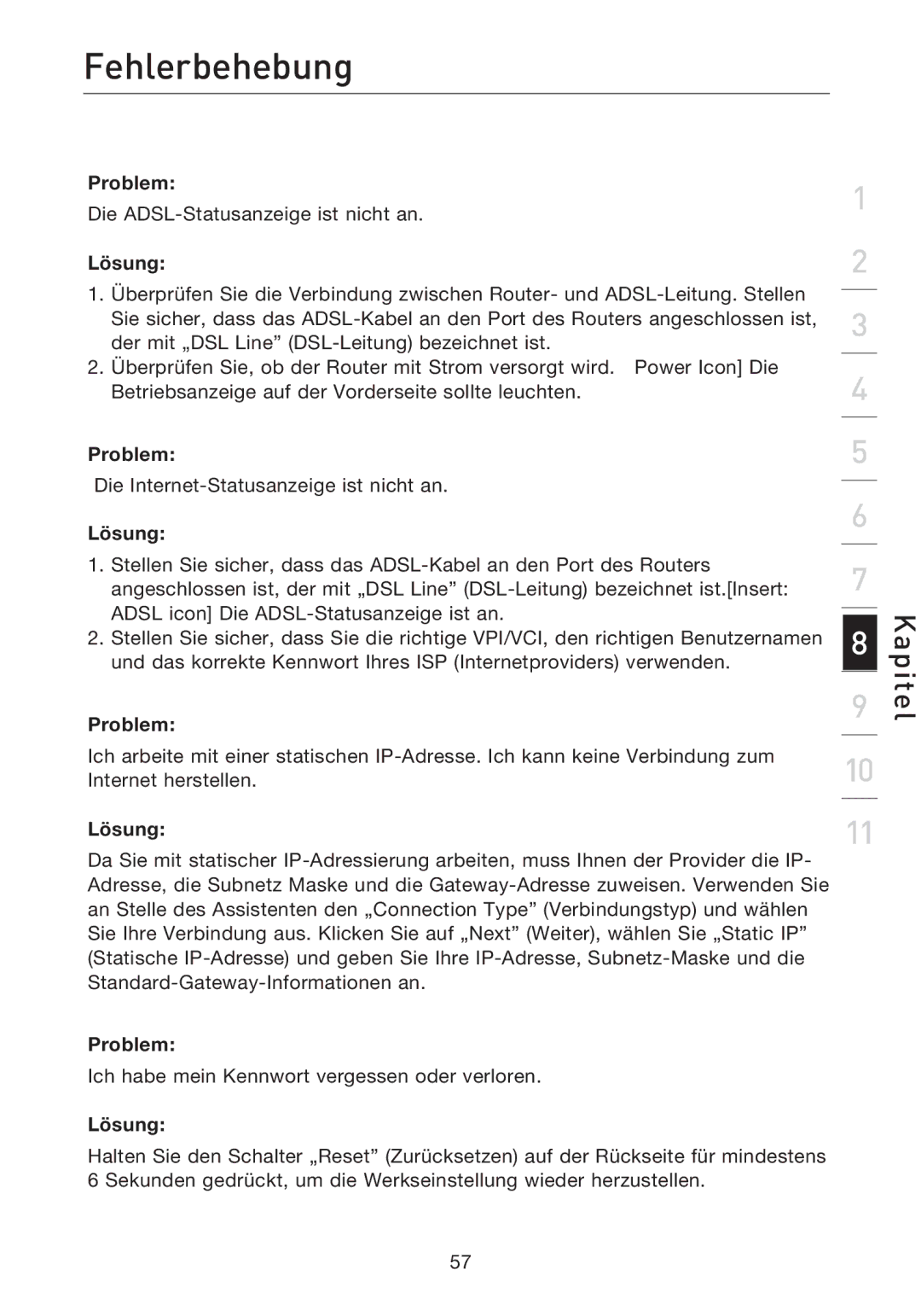 Belkin F5D7632EA4A user manual Fehlerbehebung, Lösung 