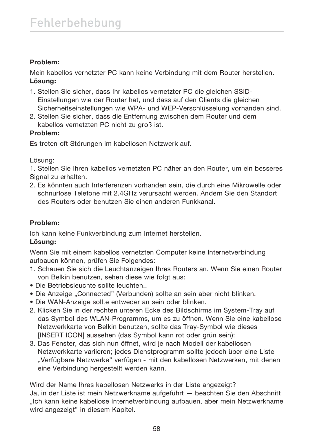 Belkin F5D7632EA4A user manual Fehlerbehebung 