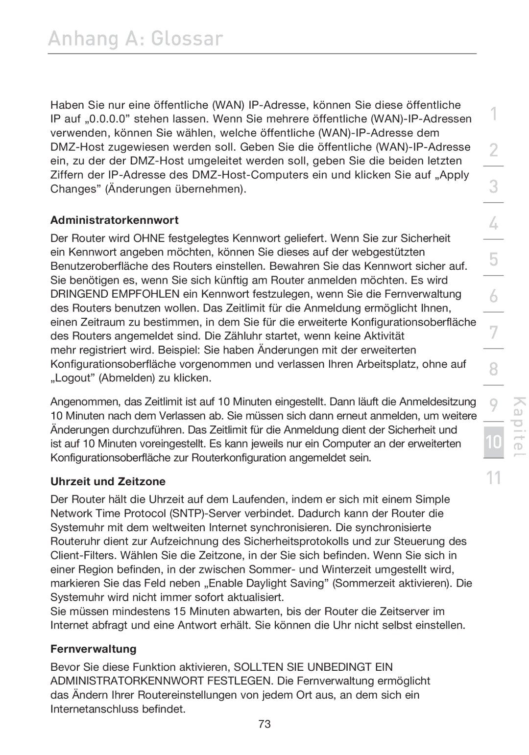 Belkin F5D7632EA4A user manual Administratorkennwort, Uhrzeit und Zeitzone, Fernverwaltung 