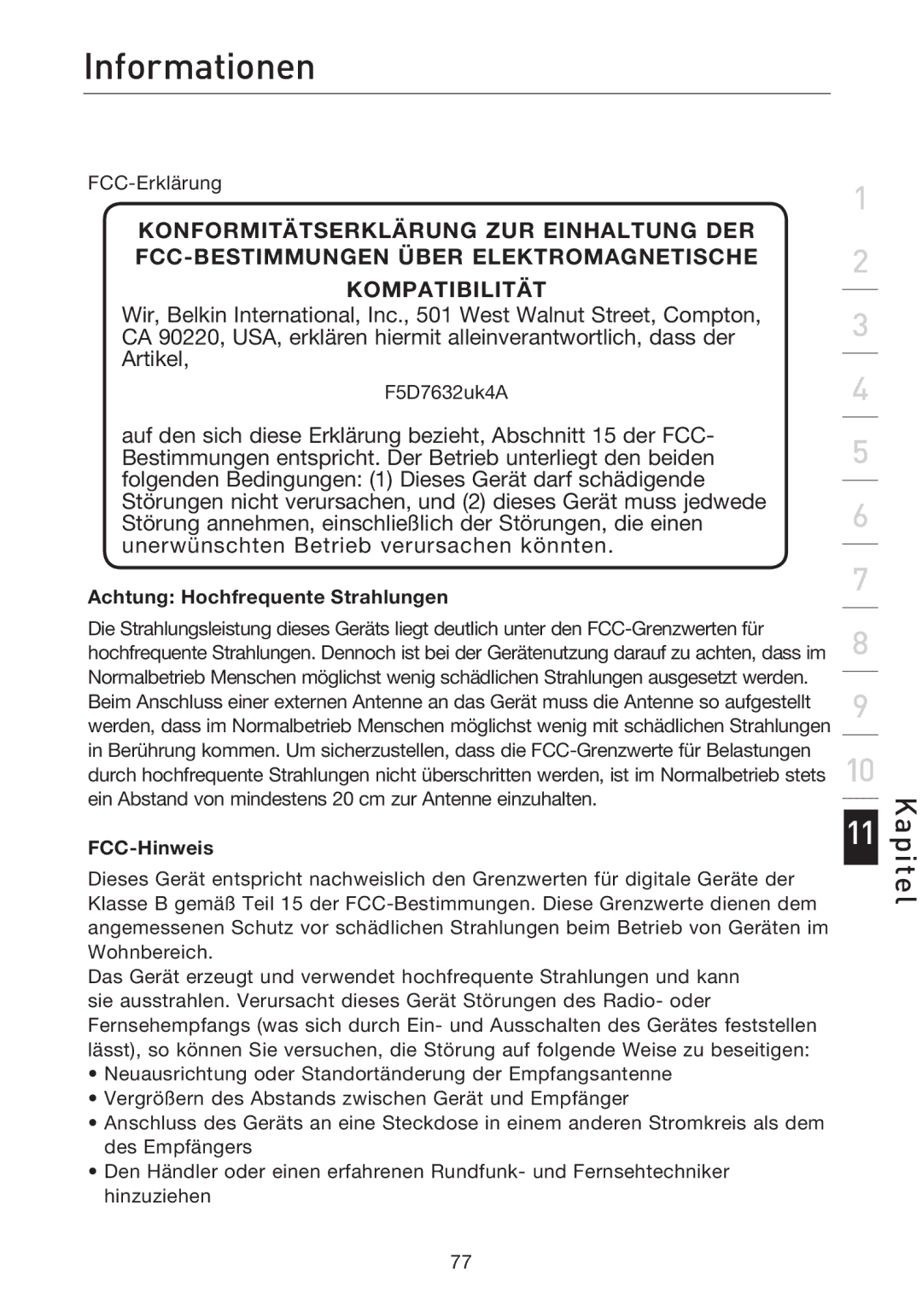 Belkin F5D7632EA4A user manual Informationen, Achtung Hochfrequente Strahlungen, FCC-Hinweis 