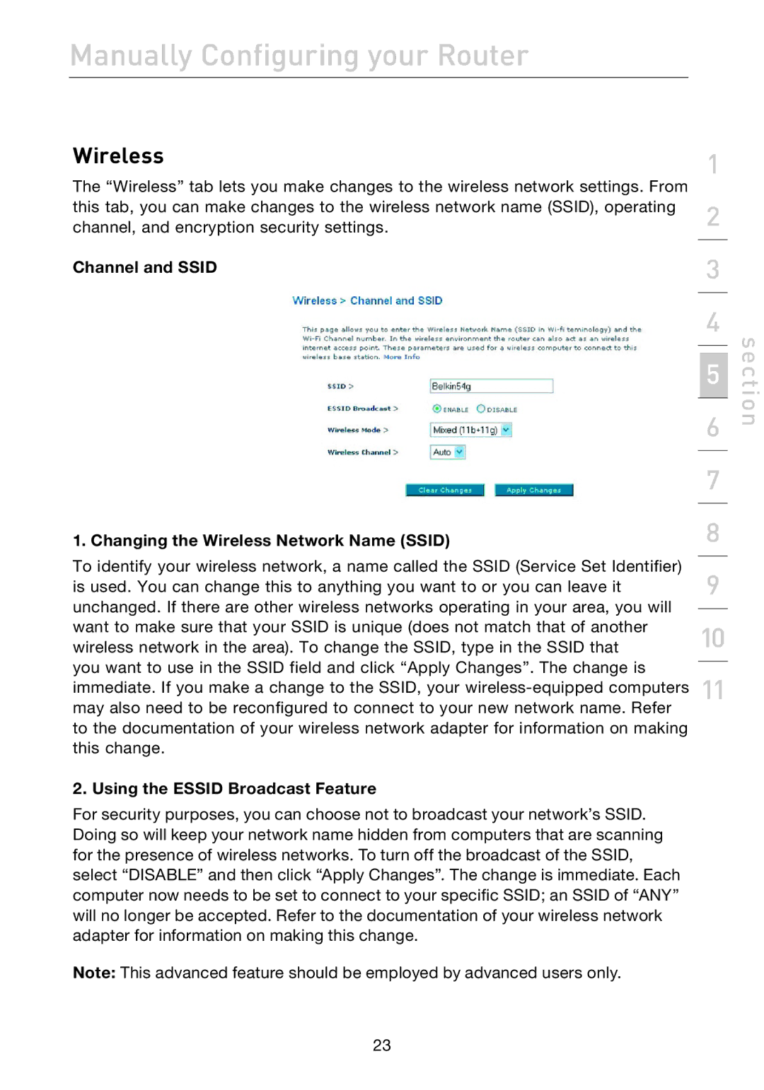 Belkin F5D7632EA4A Channel and Ssid Changing the Wireless Network Name Ssid, Using the Essid Broadcast Feature 