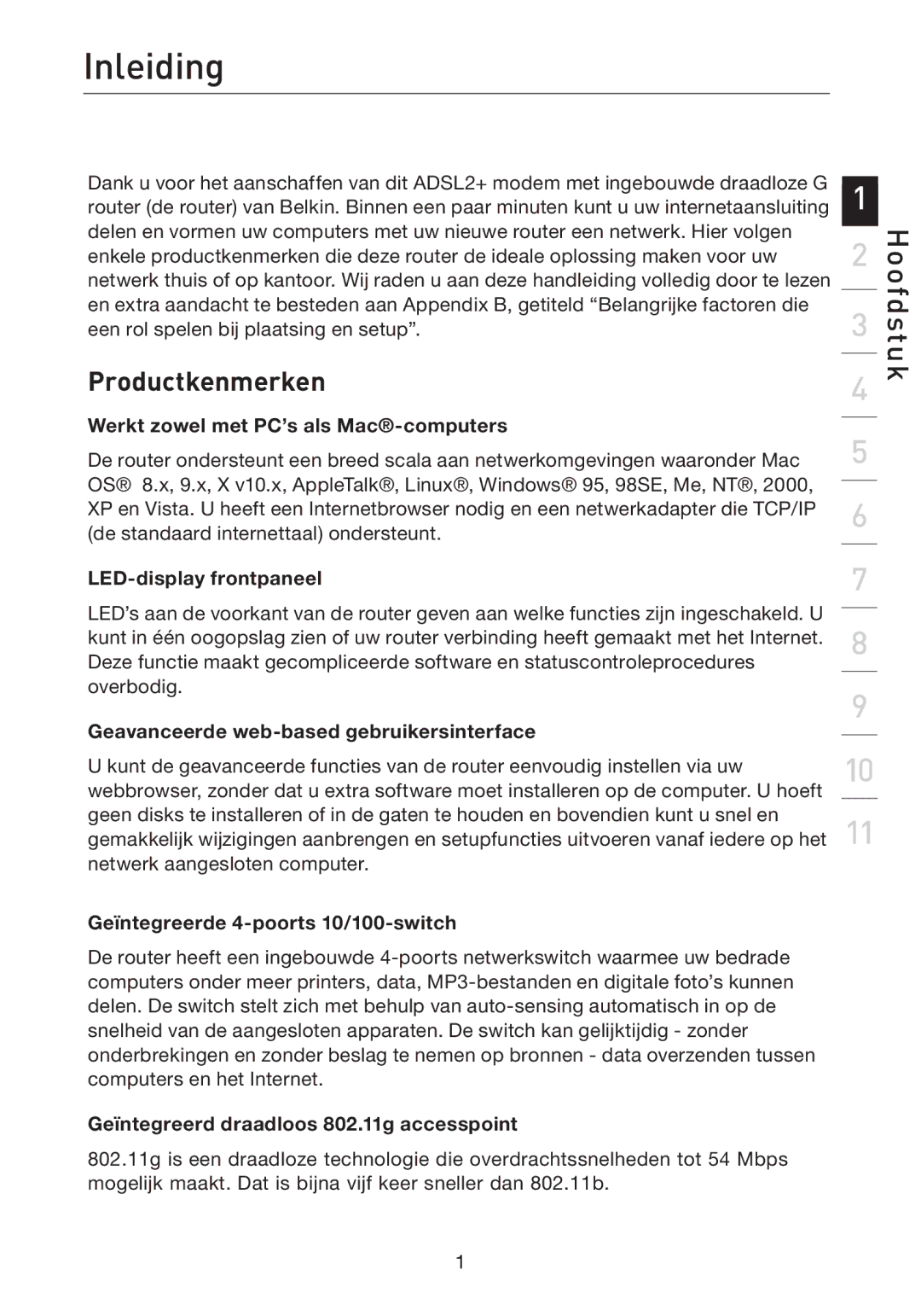 Belkin F5D7632EA4A user manual Inleiding, Productkenmerken 