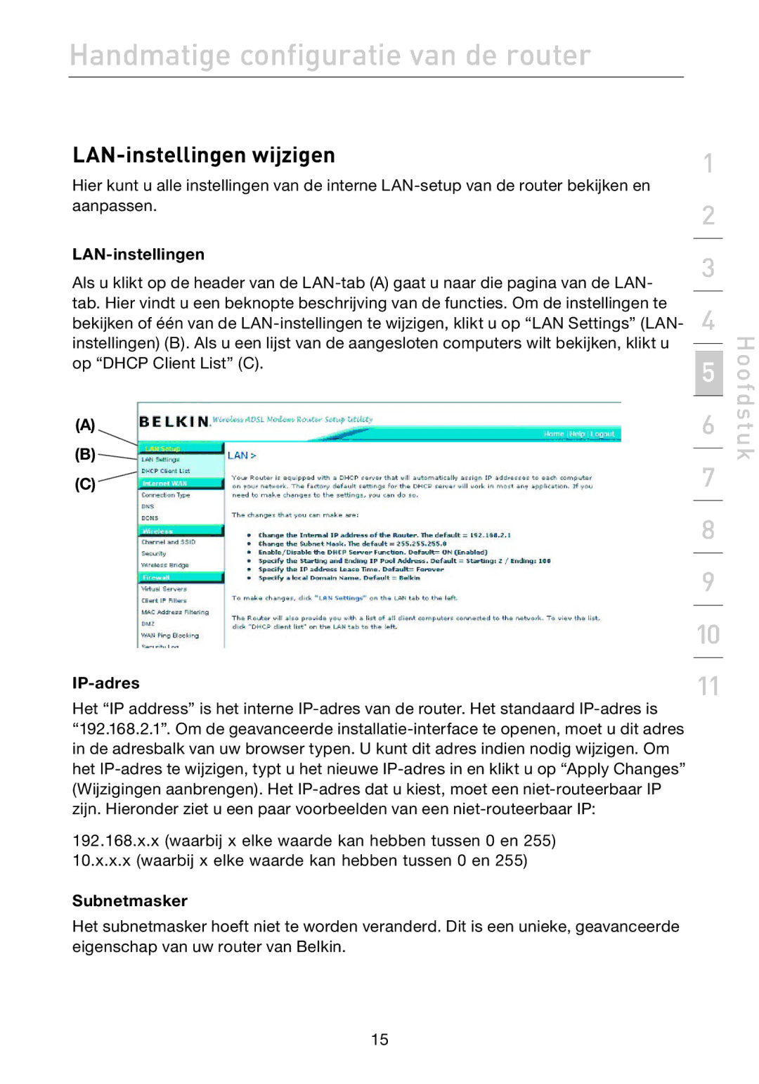 Belkin F5D7632EA4A user manual LAN-instellingen wijzigen, IP-adres, Subnetmasker 