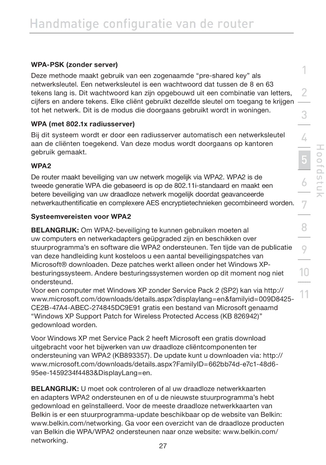 Belkin F5D7632EA4A user manual WPA-PSK zonder server, WPA met 802.1x radiusserver, Systeemvereisten voor WPA2 