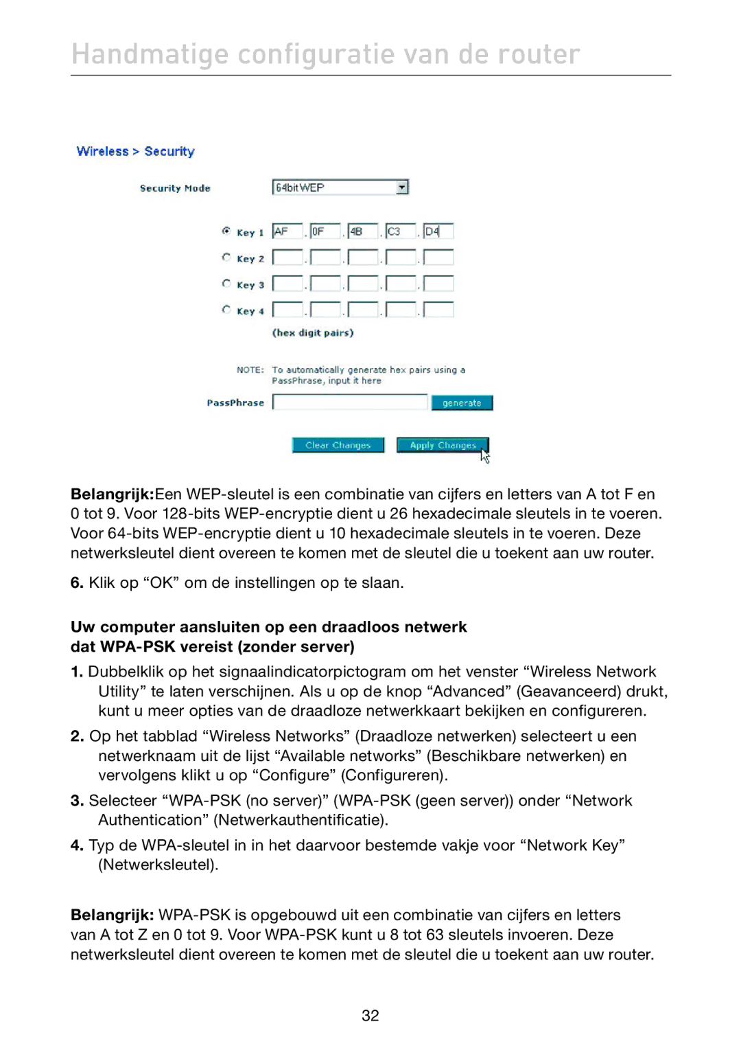 Belkin F5D7632EA4A user manual Handmatige configuratie van de router 