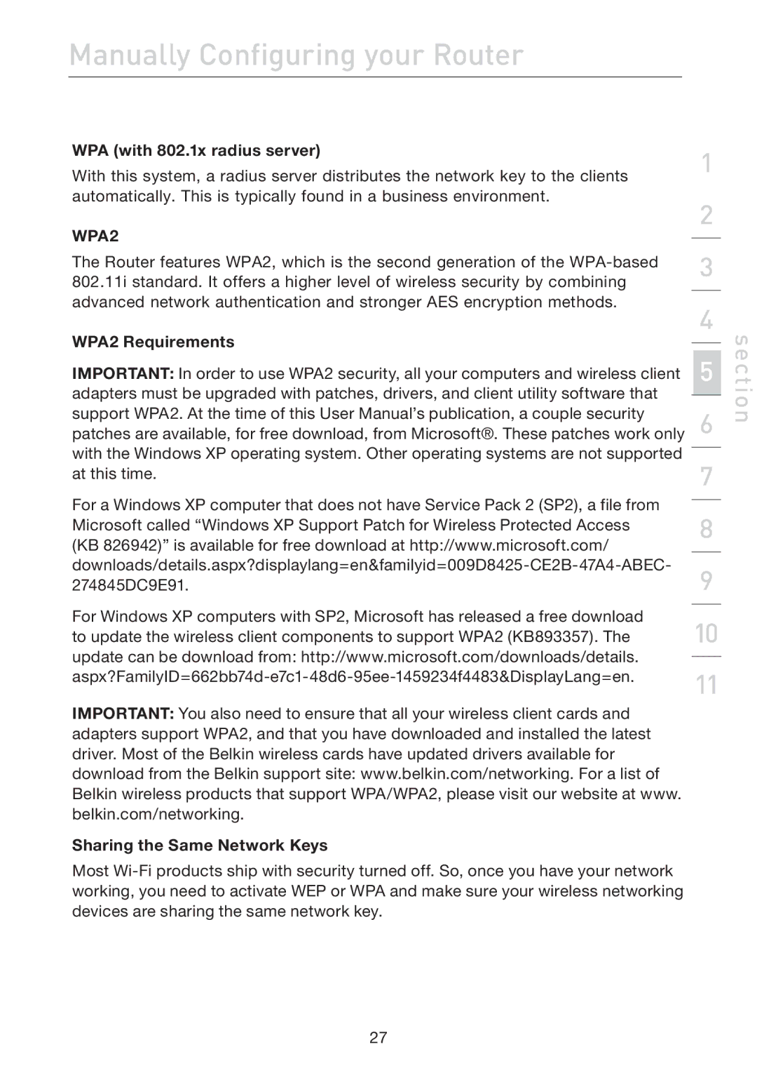 Belkin F5D7632EA4A user manual WPA with 802.1x radius server, WPA2 Requirements Sharing the Same Network Keys 