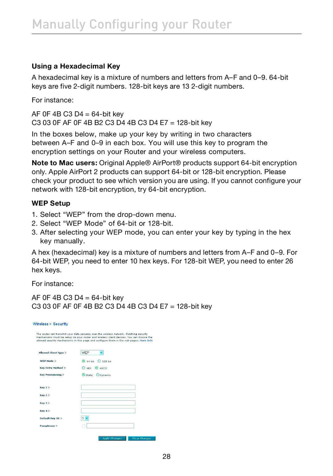 Belkin F5D7632EA4A user manual Using a Hexadecimal Key, WEP Setup 