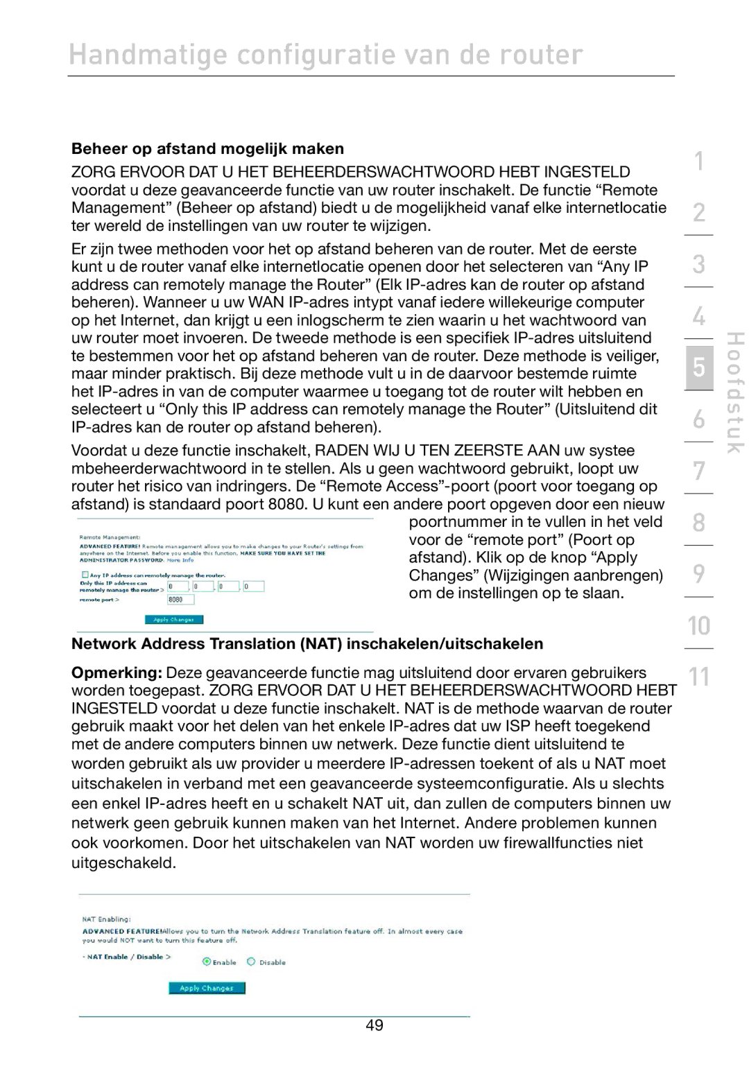 Belkin F5D7632EA4A user manual Beheer op afstand mogelijk maken, Network Address Translation NAT inschakelen/uitschakelen 