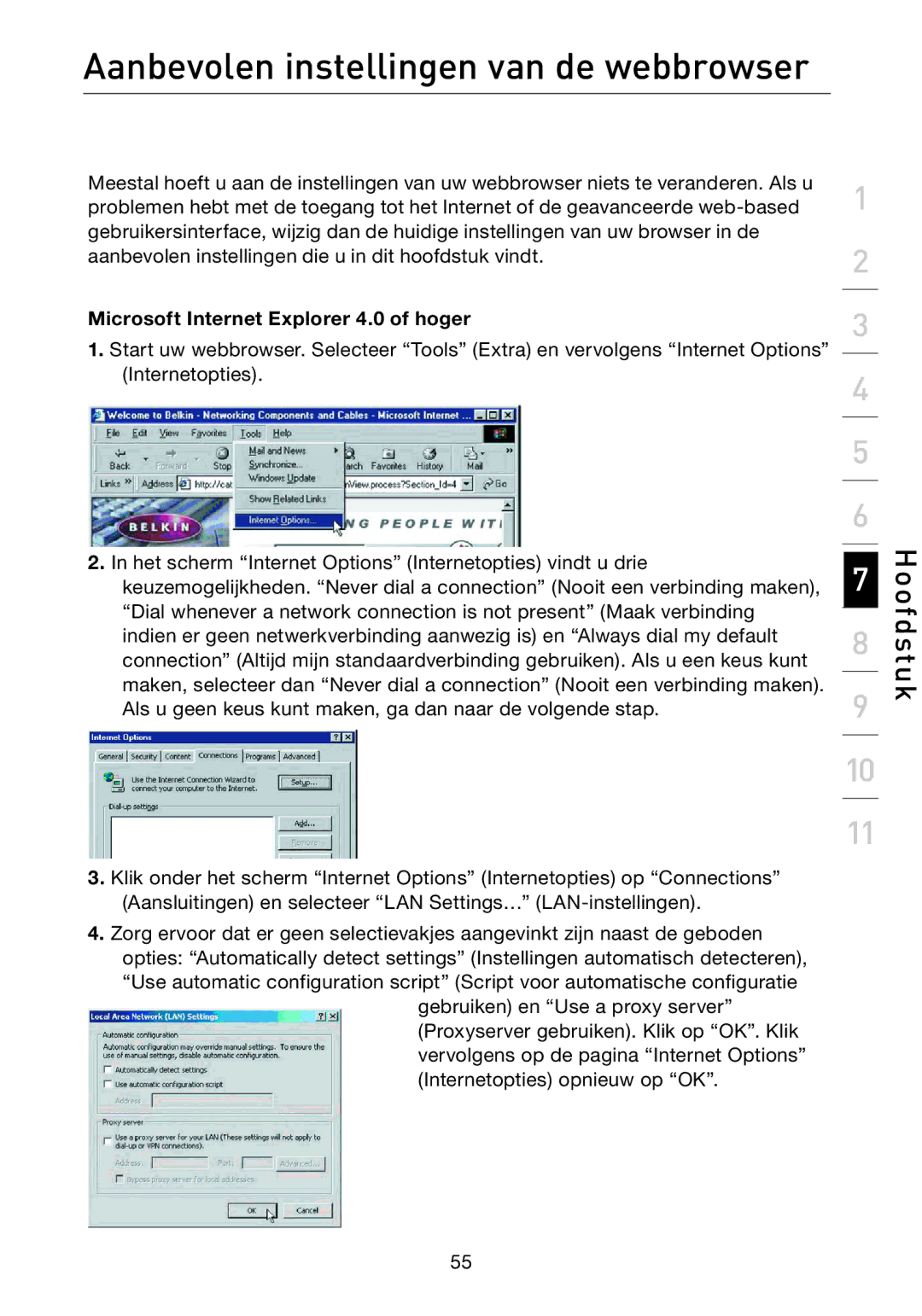 Belkin F5D7632EA4A user manual Aanbevolen instellingen van de webbrowser, Microsoft Internet Explorer 4.0 of hoger 