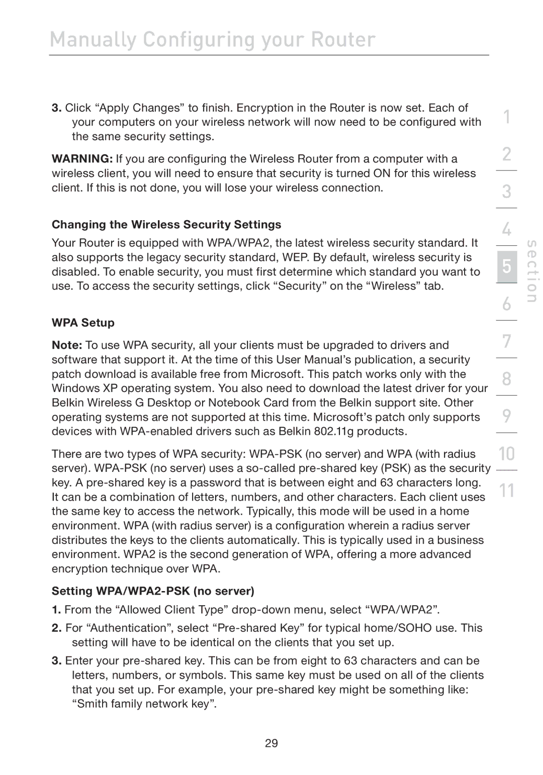 Belkin F5D7632EA4A user manual Changing the Wireless Security Settings, WPA Setup, Setting WPA/WPA2-PSK no server 