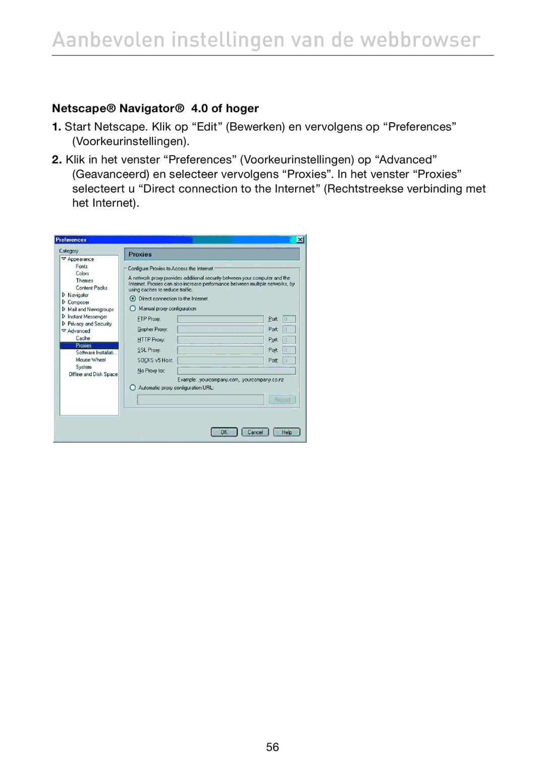 Belkin F5D7632EA4A user manual Aanbevolen instellingen van de webbrowser, Netscape Navigator 4.0 of hoger 