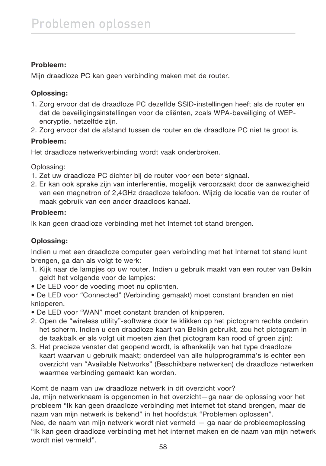 Belkin F5D7632EA4A user manual Problemen oplossen 