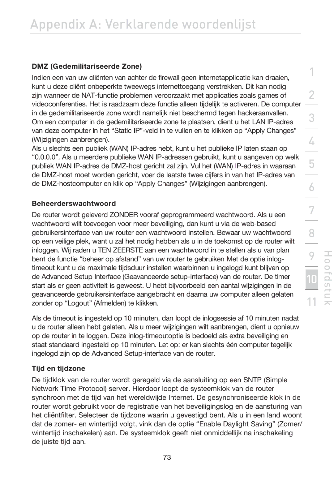 Belkin F5D7632EA4A user manual Beheerderswachtwoord, Tijd en tijdzone 