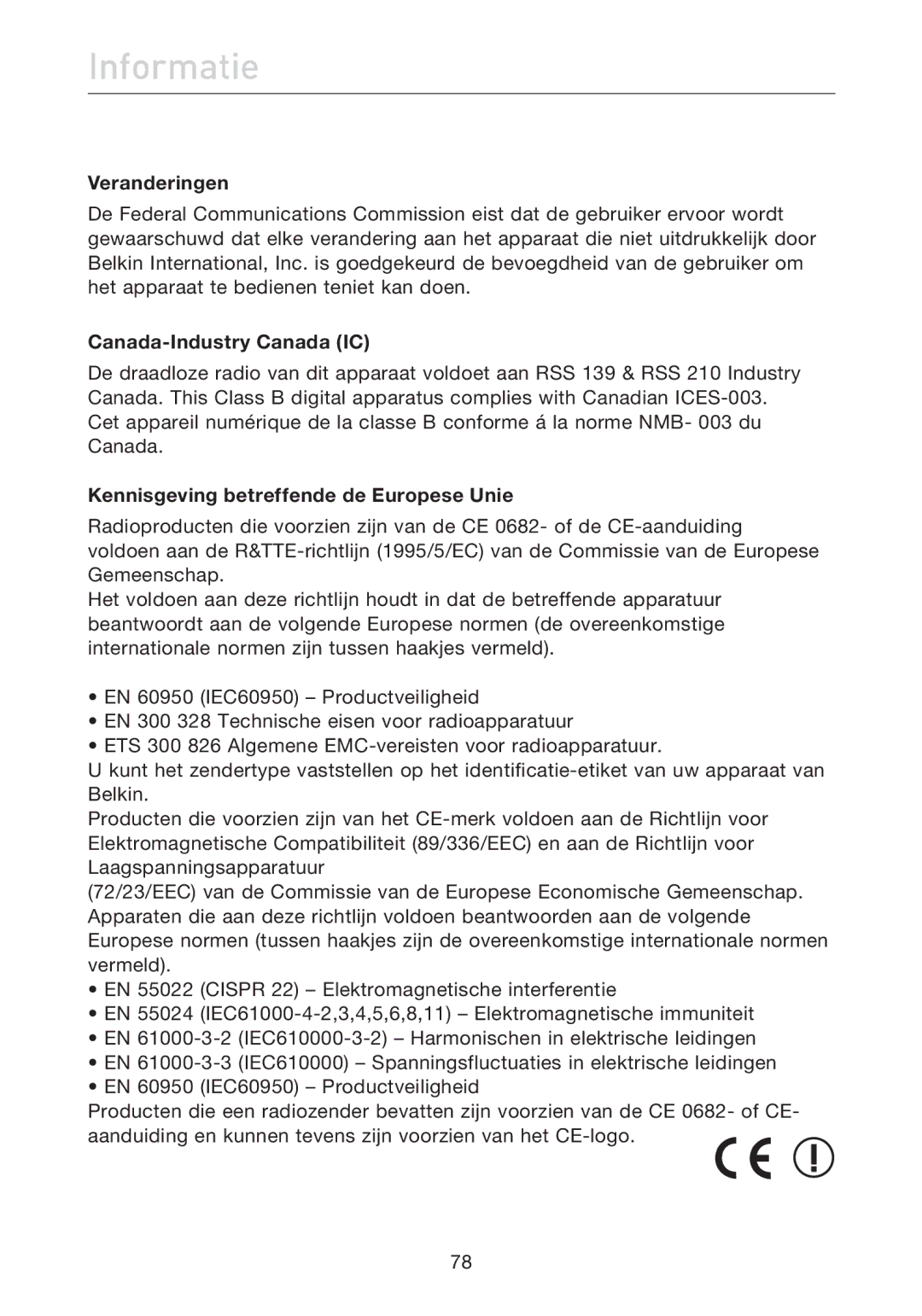 Belkin F5D7632EA4A user manual Informatie, Veranderingen, Kennisgeving betreffende de Europese Unie 