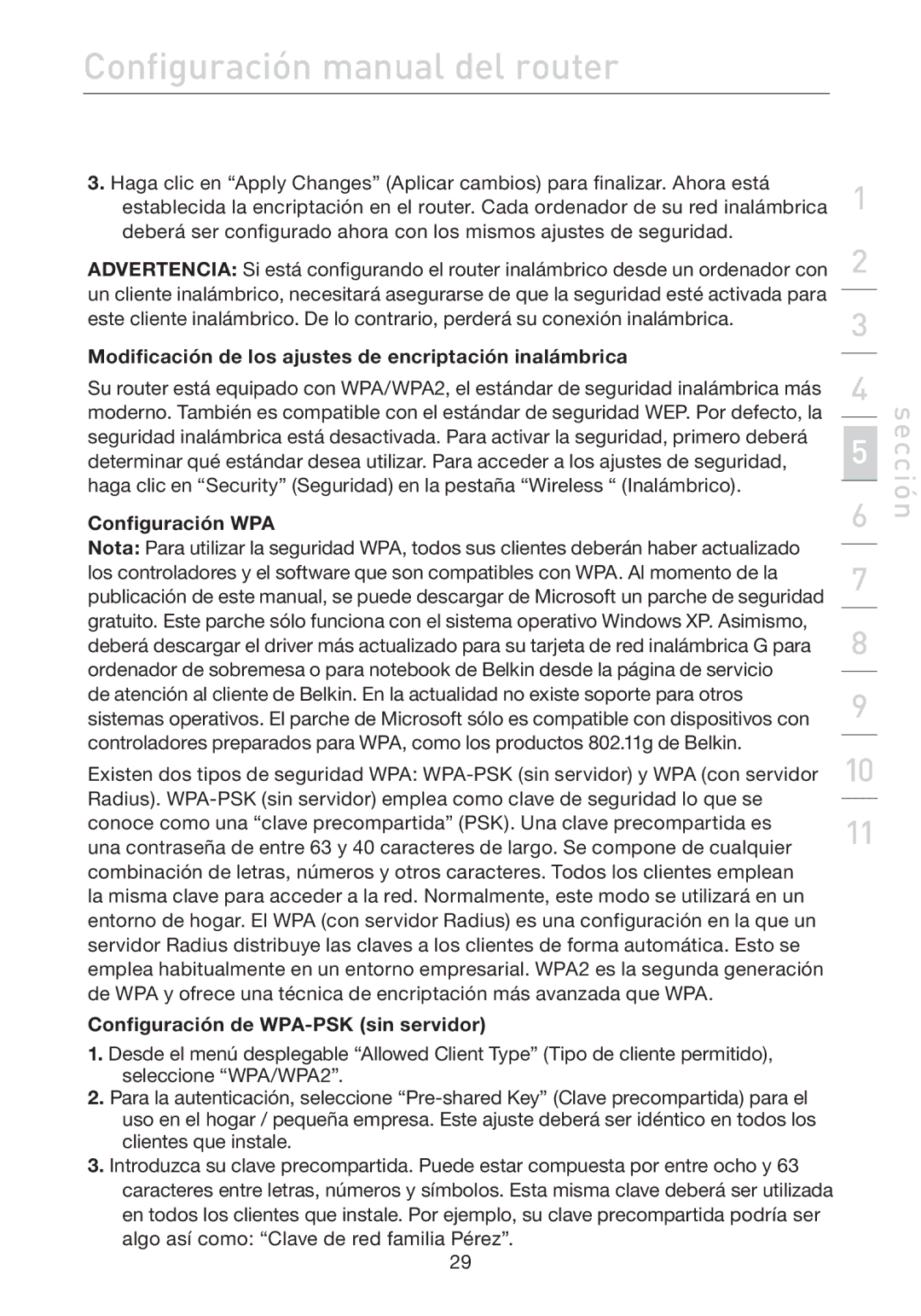 Belkin F5D7632EA4A user manual Modificación de los ajustes de encriptación inalámbrica, Configuración WPA 