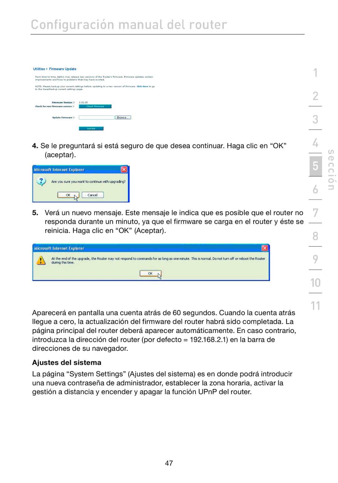 Belkin F5D7632EA4A user manual Ajustes del sistema 