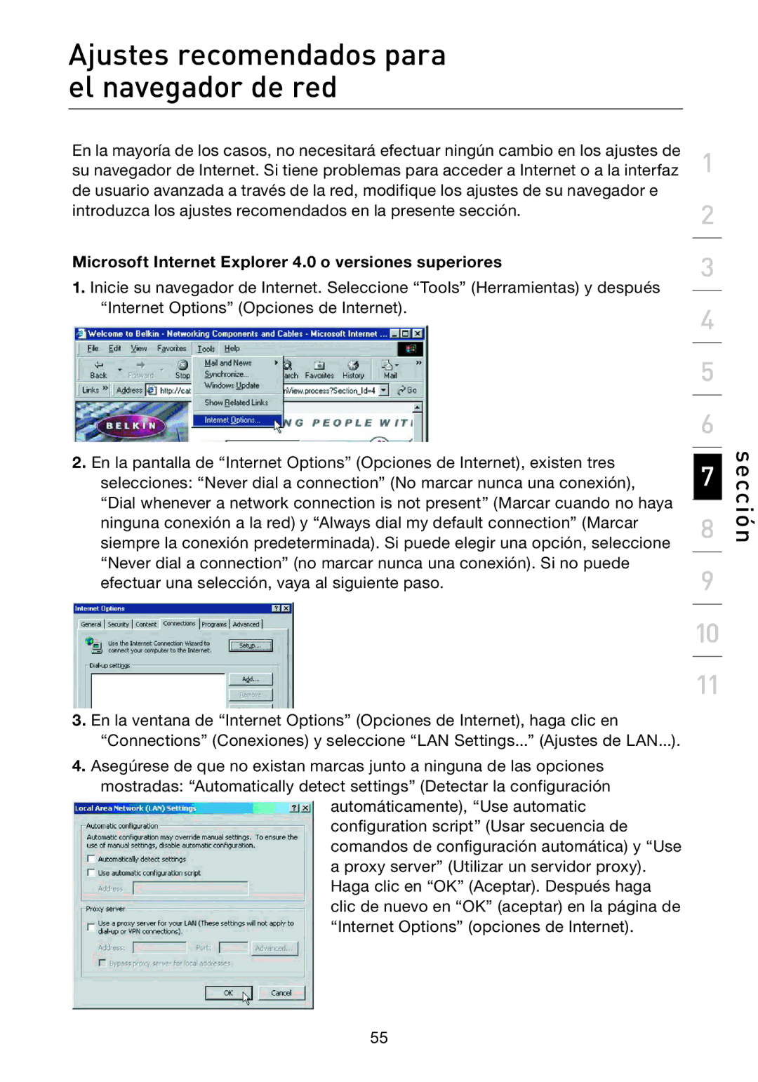 Belkin F5D7632EA4A Ajustes recomendados para el navegador de red, Microsoft Internet Explorer 4.0 o versiones superiores 