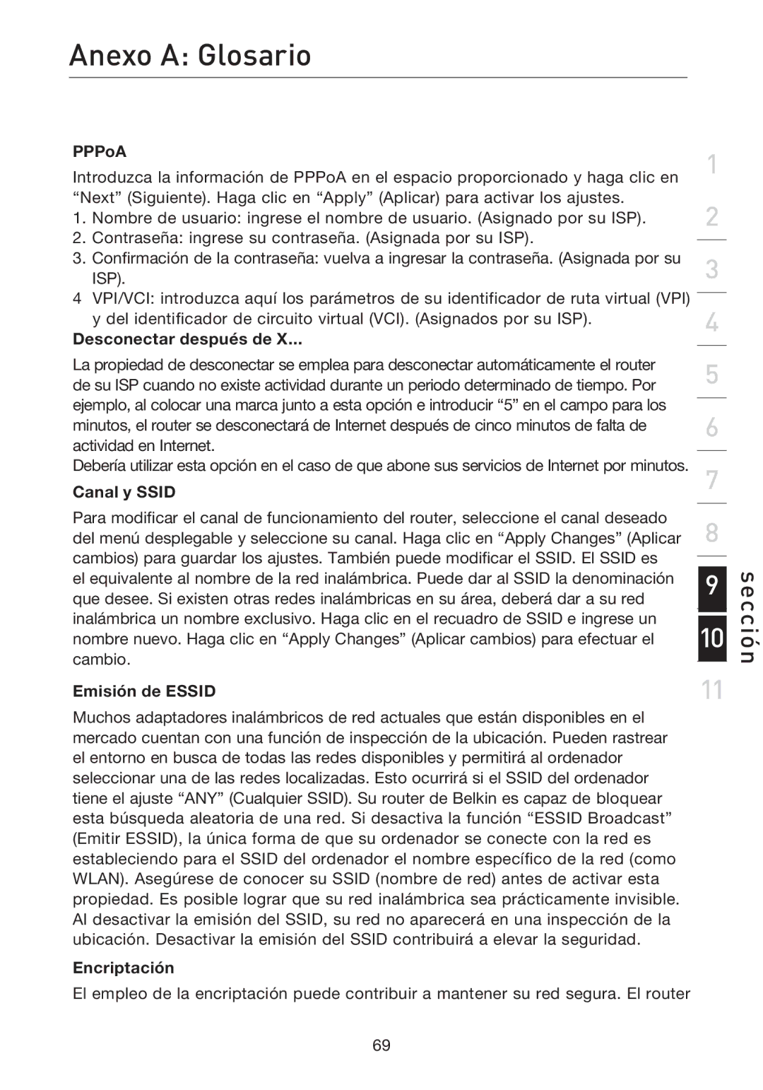 Belkin F5D7632EA4A user manual Anexo a Glosario, Desconectar después de, Canal y Ssid, Emisión de Essid, Encriptación 