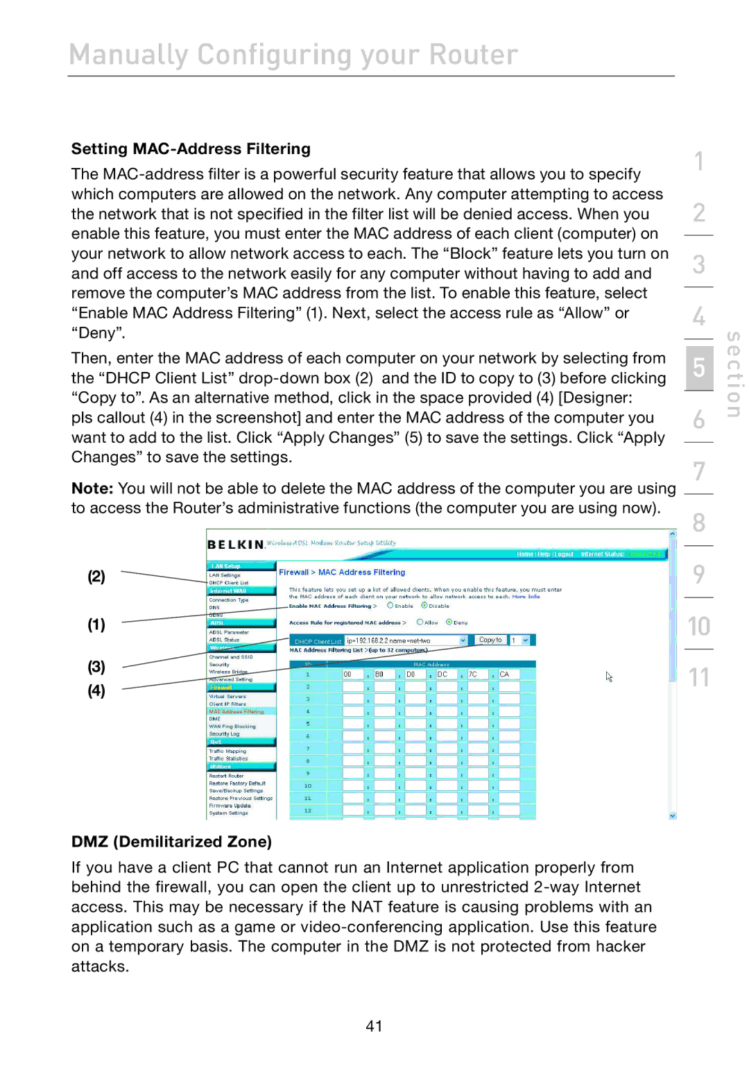 Belkin F5D7632EA4A user manual Setting MAC-Address Filtering, DMZ Demilitarized Zone 