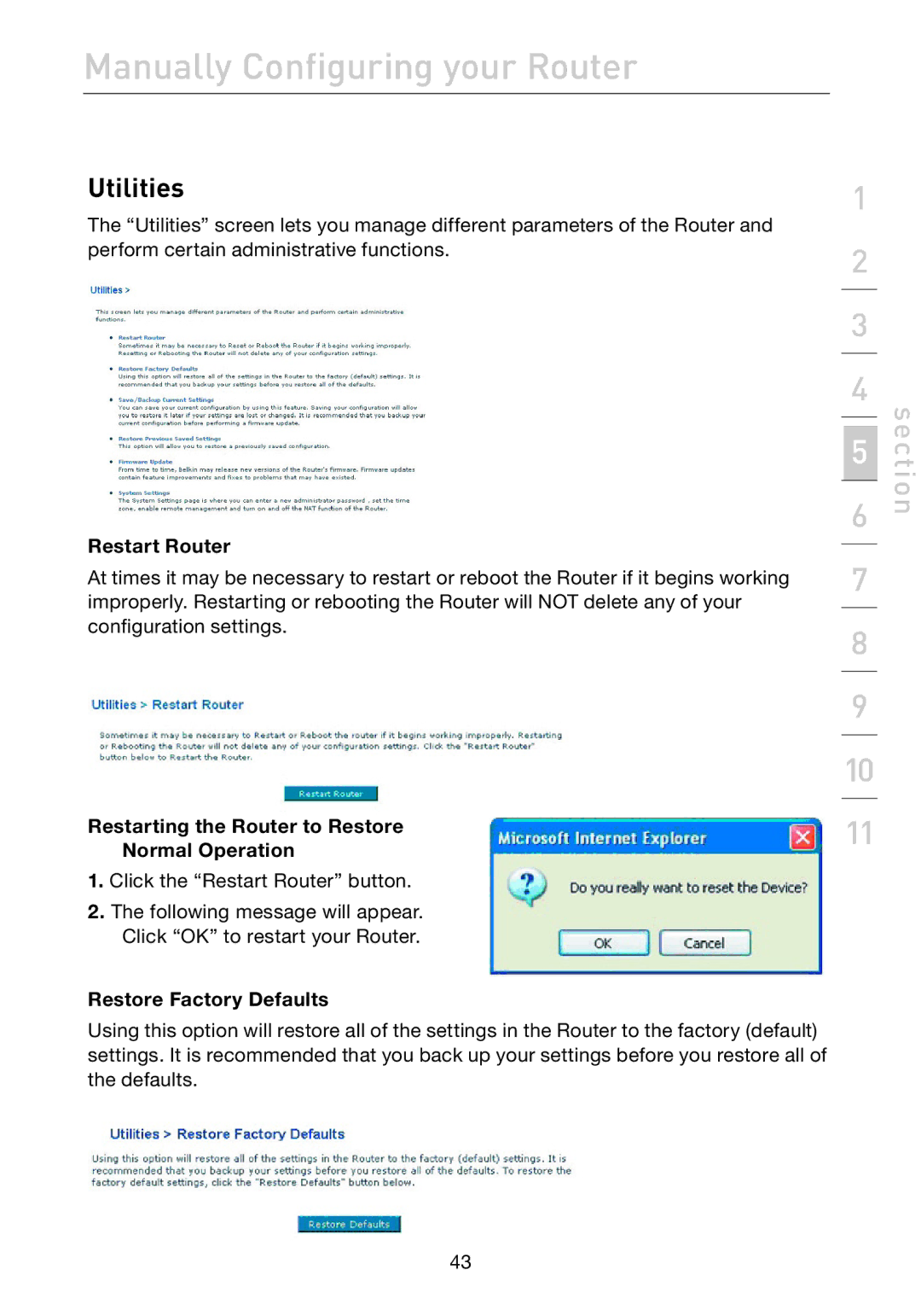 Belkin F5D7632EA4A Utilities, Restart Router, Restarting the Router to Restore Normal Operation, Restore Factory Defaults 