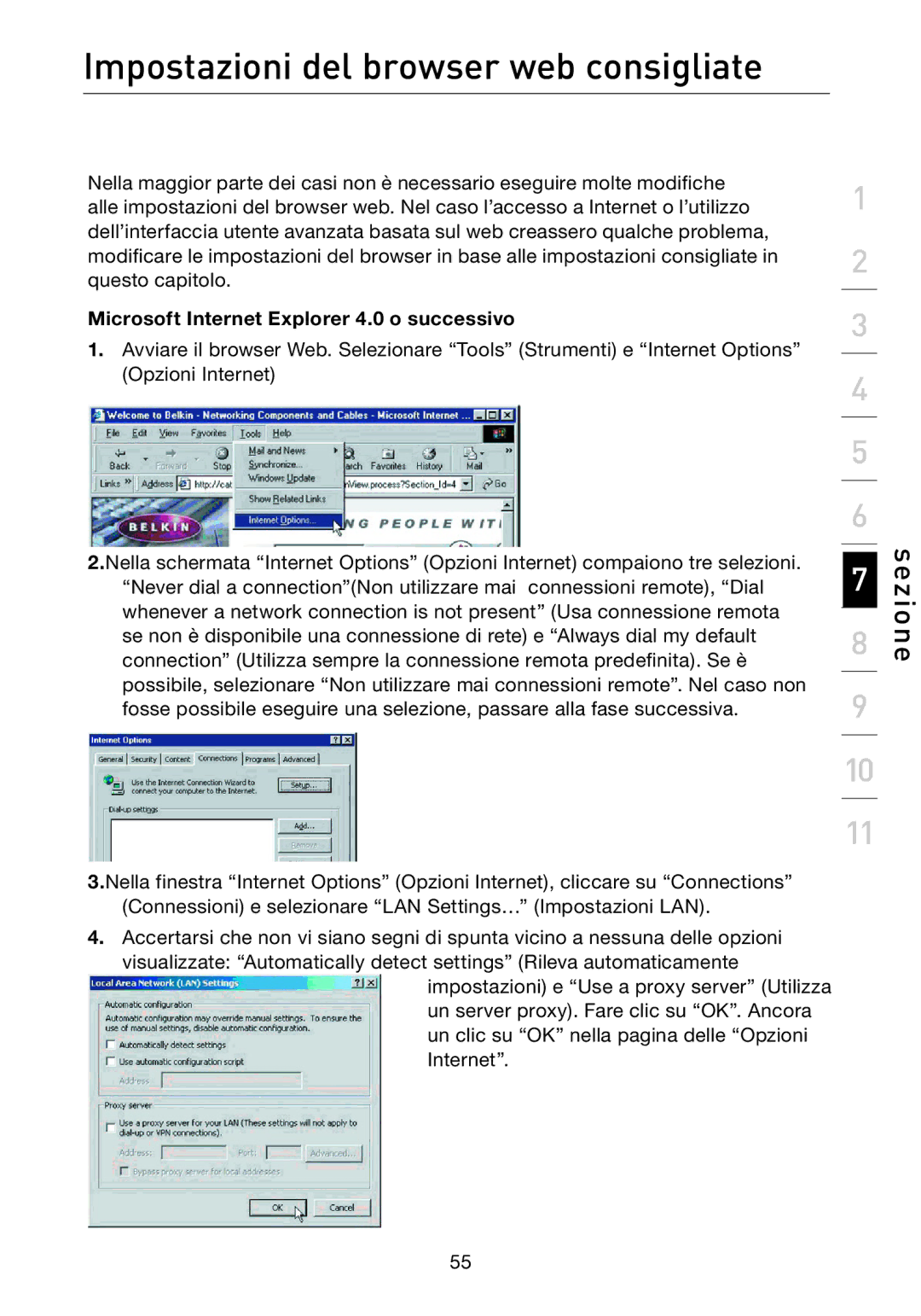 Belkin F5D7632EA4A user manual Impostazioni del browser web consigliate, Microsoft Internet Explorer 4.0 o successivo 