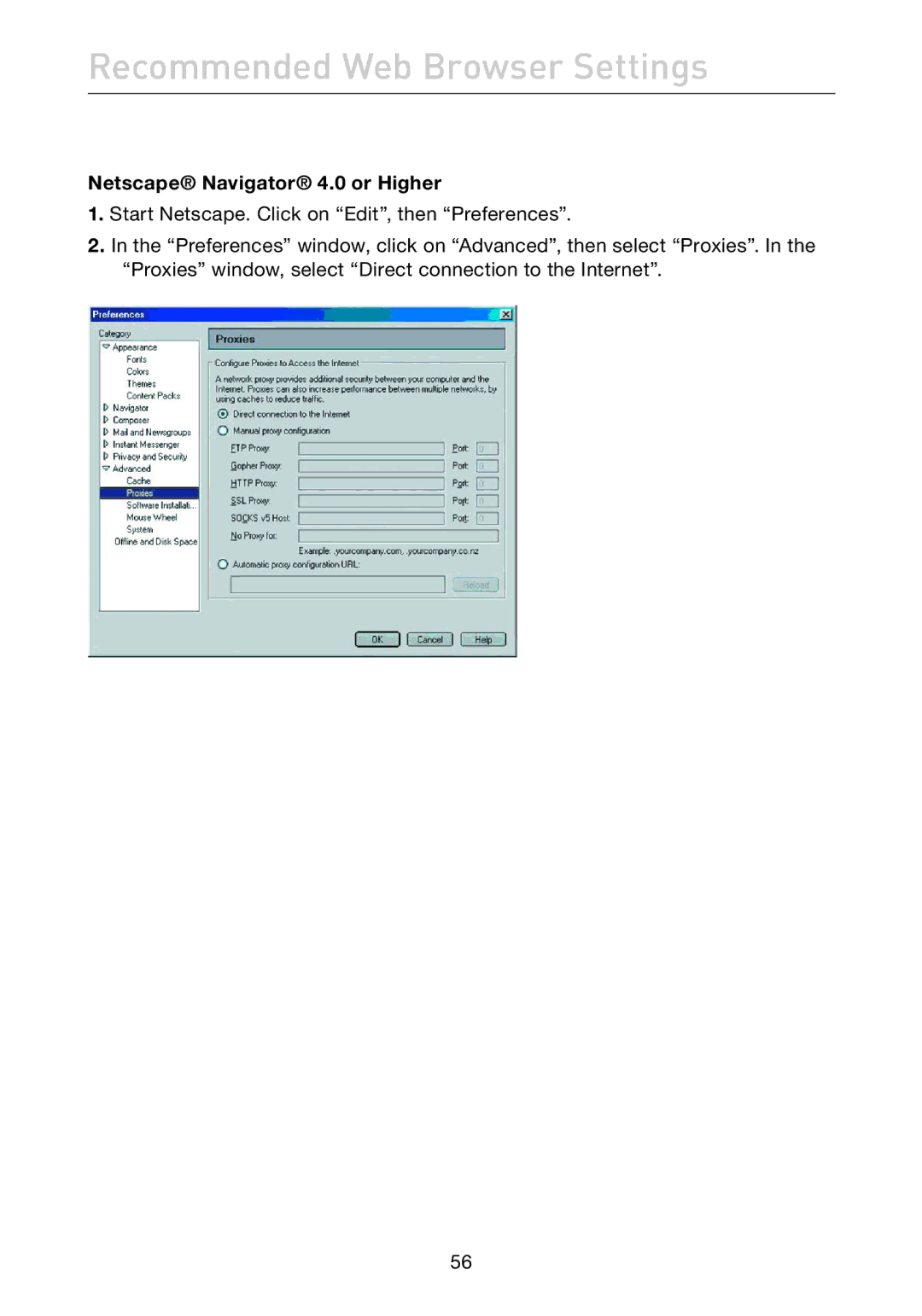 Belkin F5D7632EA4A user manual Recommended Web Browser Settings, Netscape Navigator 4.0 or Higher 