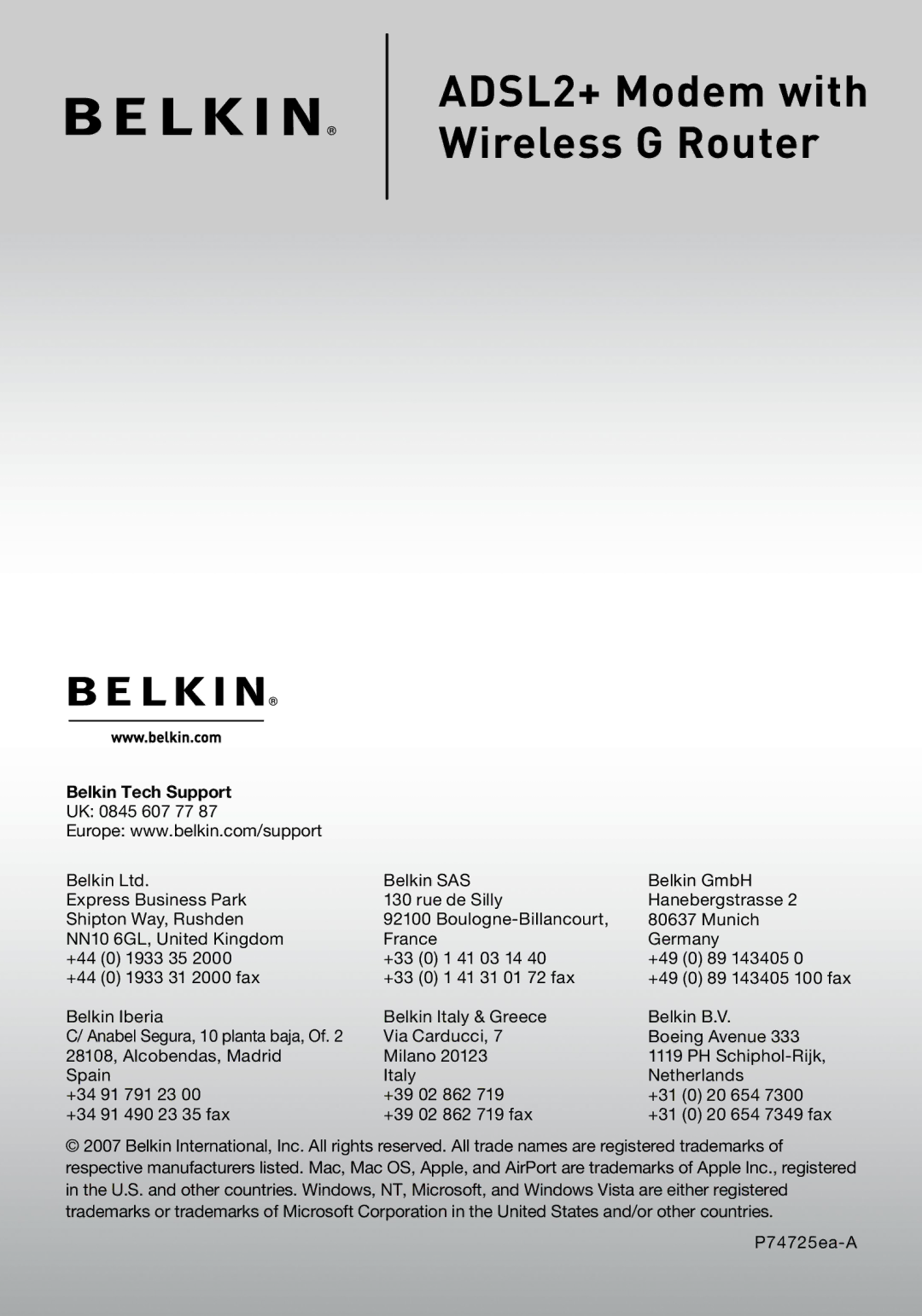 Belkin F5D7632EA4A user manual ADSL2+ Modem with Wireless G Router 