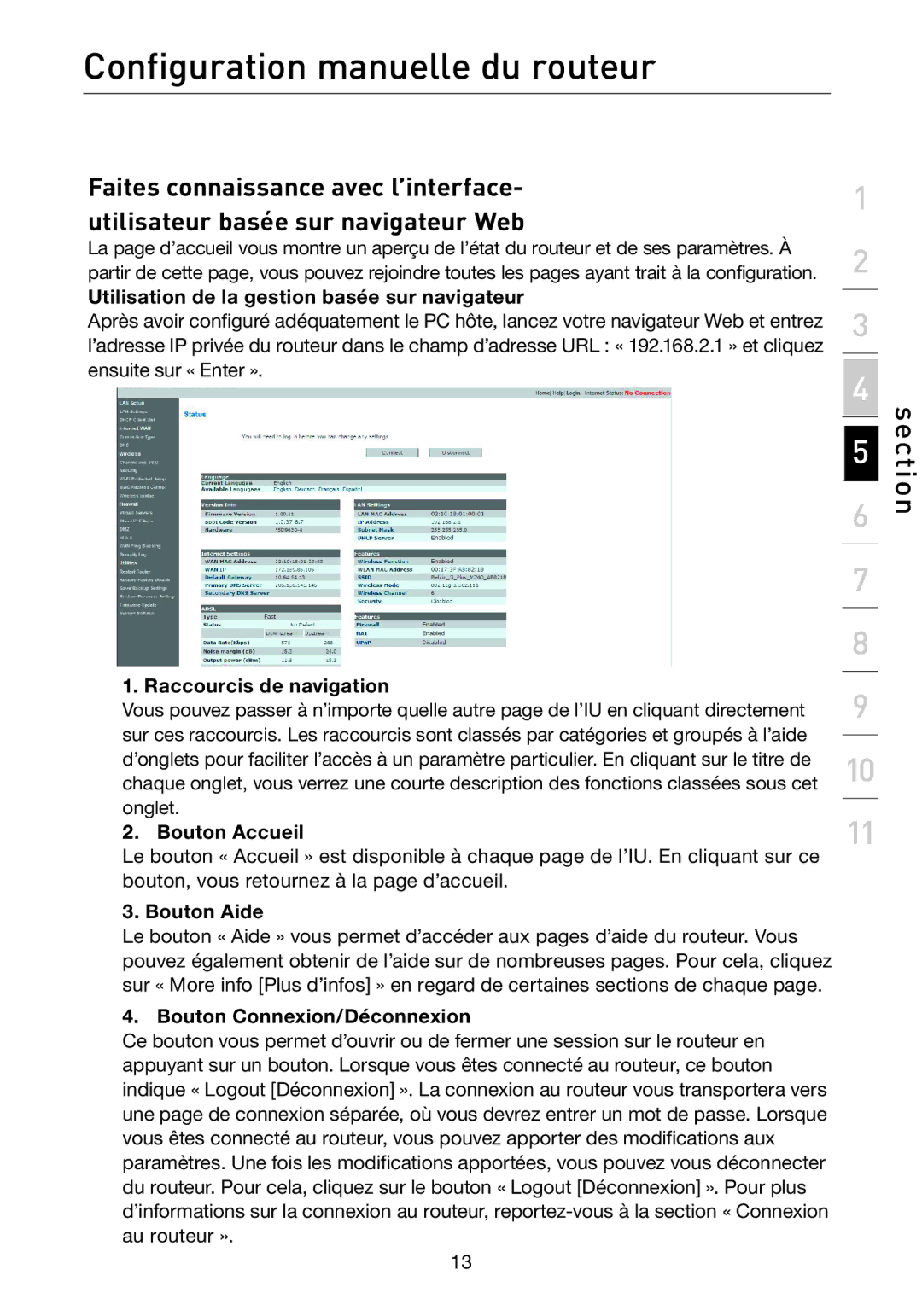 Belkin F5D7632EA4A user manual Configuration manuelle du routeur 