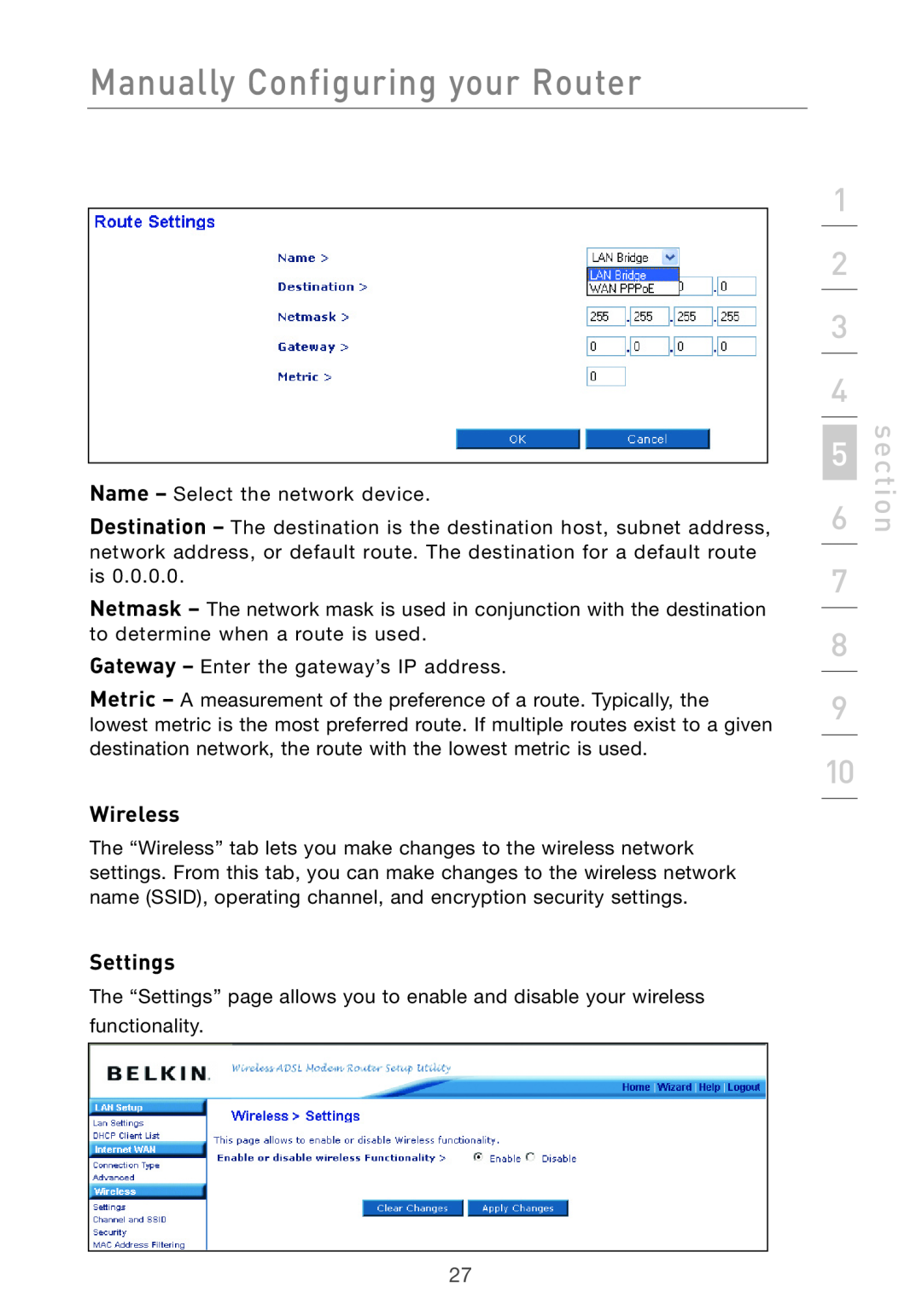 Belkin F5D7632UK4 user manual Wireless, Settings, Manually Configuring your Router, section 