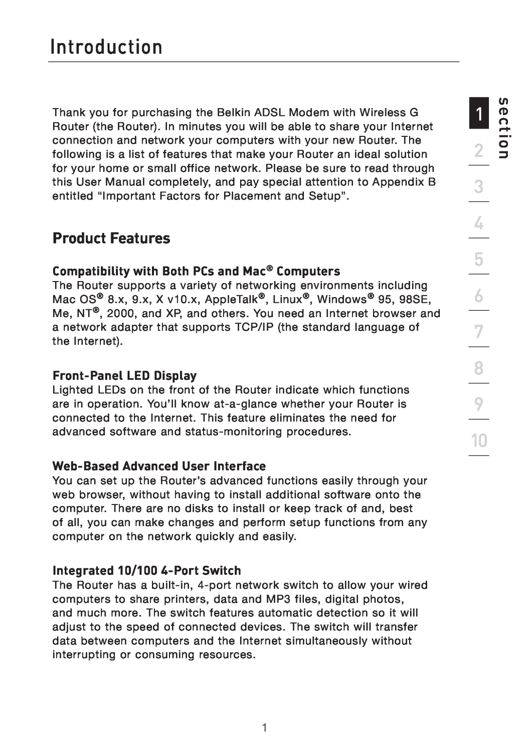 Belkin F5D7632UK4 user manual Introduction, section, Product Features, Compatibility with Both PCs and Mac Computers 