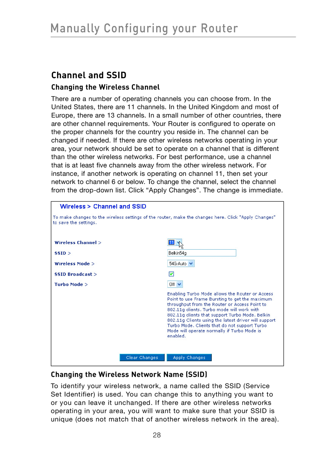 Belkin F5D7632UK4 user manual Channel and SSID, Changing the Wireless Channel, Changing the Wireless Network Name SSID 