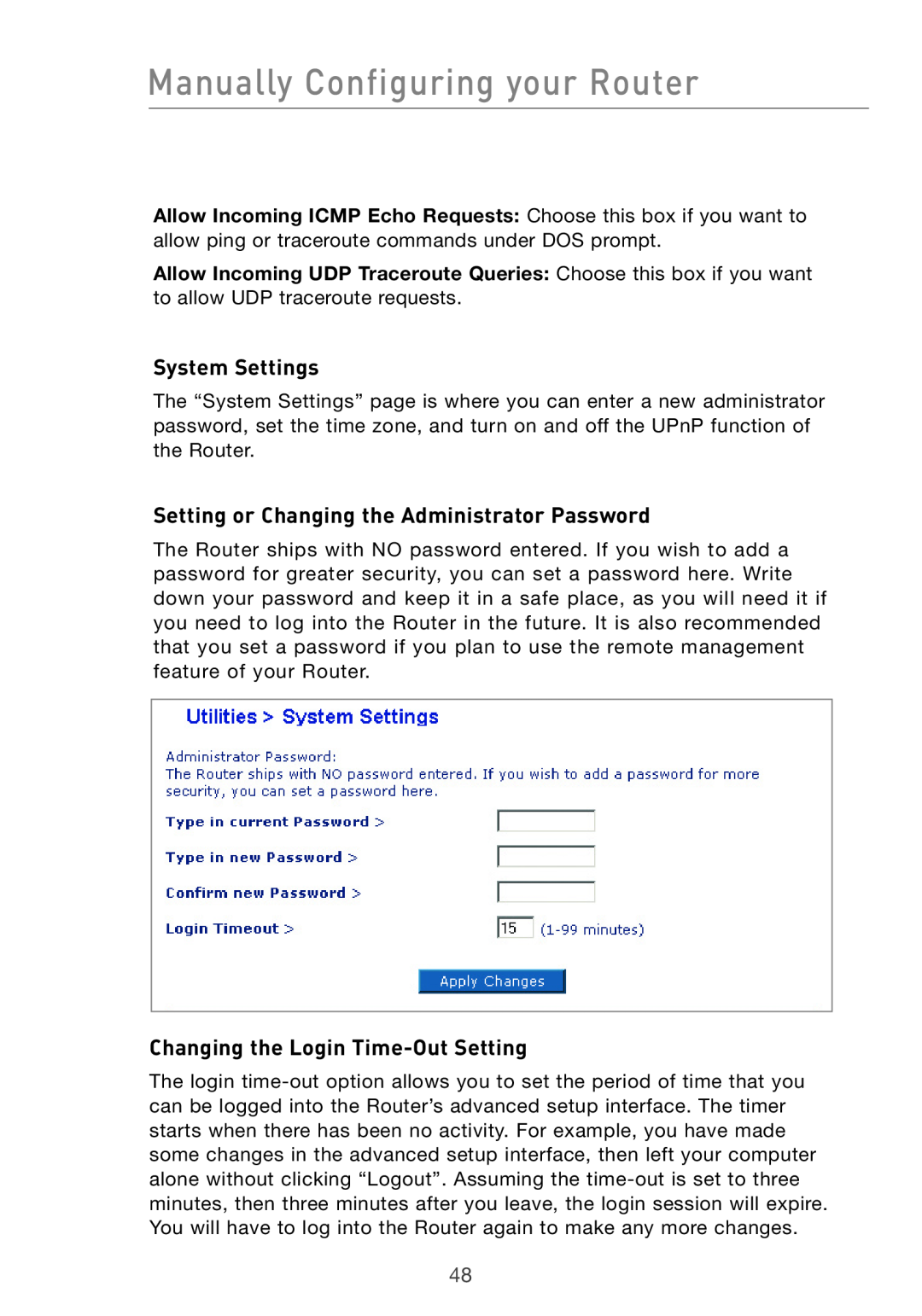 Belkin F5D7632UK4 System Settings, Setting or Changing the Administrator Password, Changing the Login Time-Out Setting 