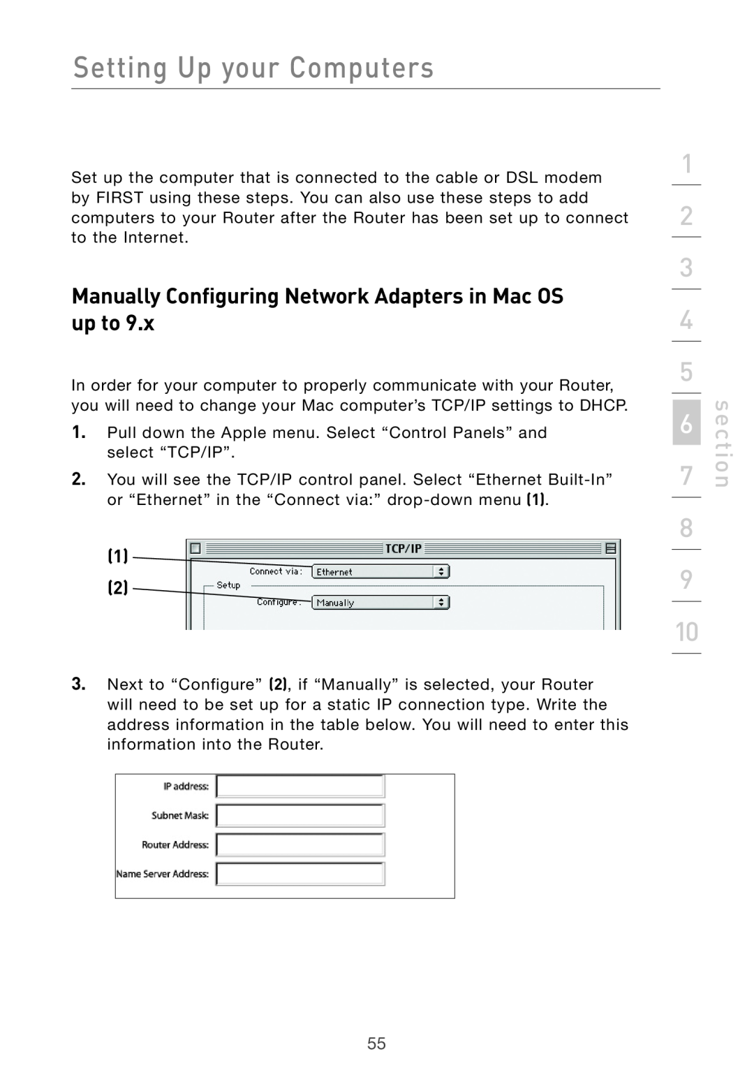 Belkin F5D7632UK4 user manual Manually Configuring Network Adapters in Mac OS up to, Setting Up your Computers, section 