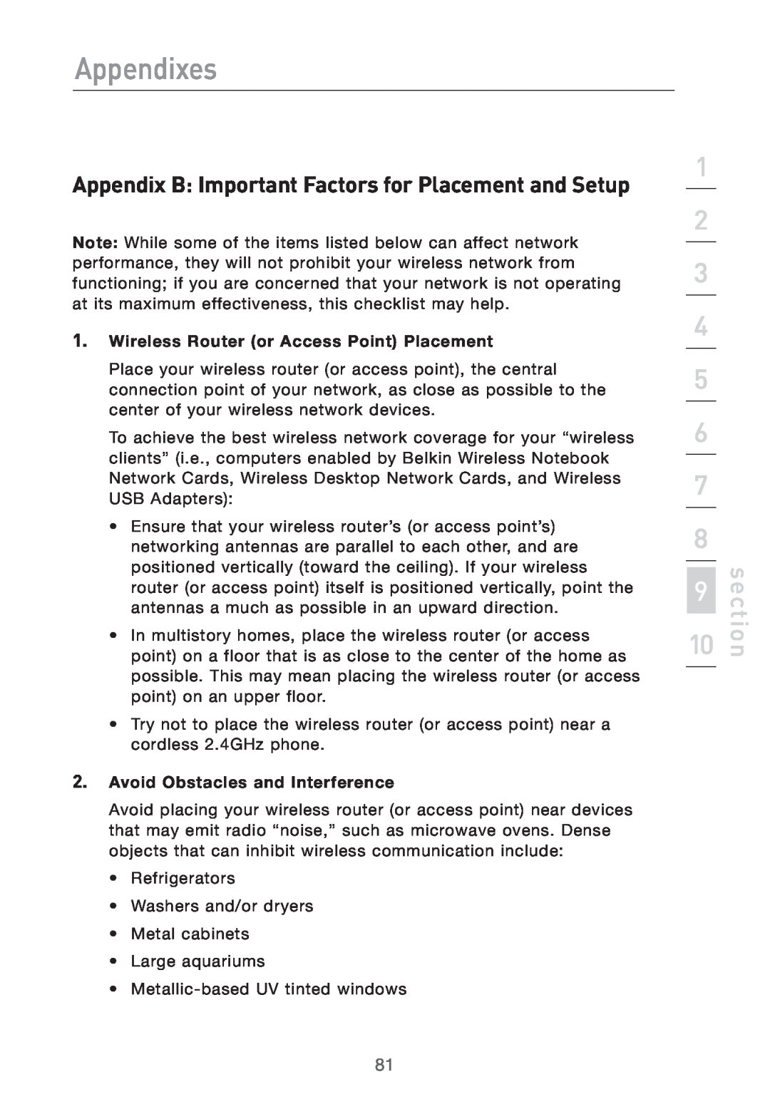 Belkin F5D7632UK4 user manual Appendix B Important Factors for Placement and Setup, Appendixes, section 