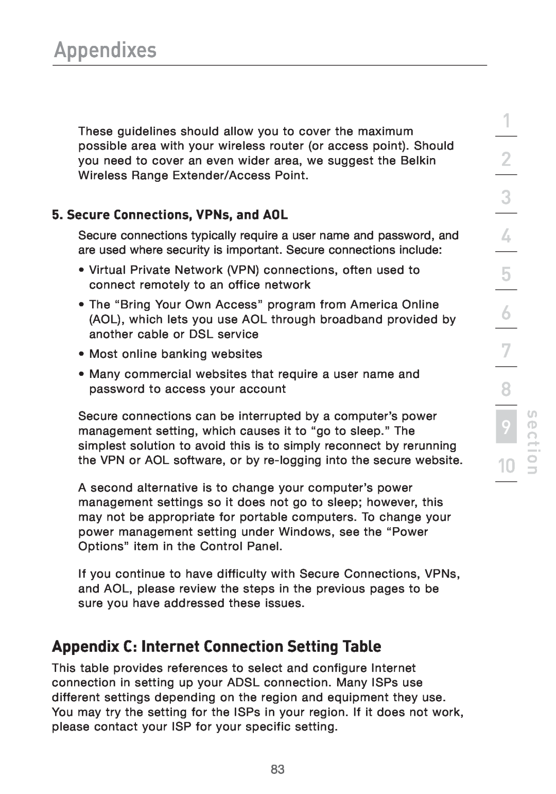 Belkin F5D7632UK4 Appendix C Internet Connection Setting Table, Secure Connections, VPNs, and AOL, Appendixes, section 