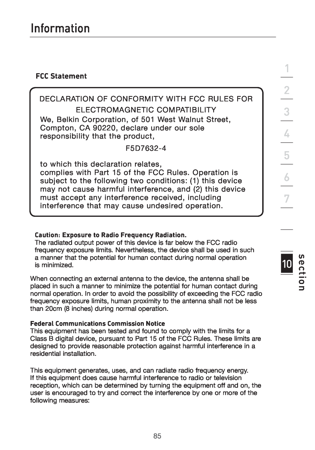 Belkin F5D7632UK4 user manual Information, FCC Statement, section 
